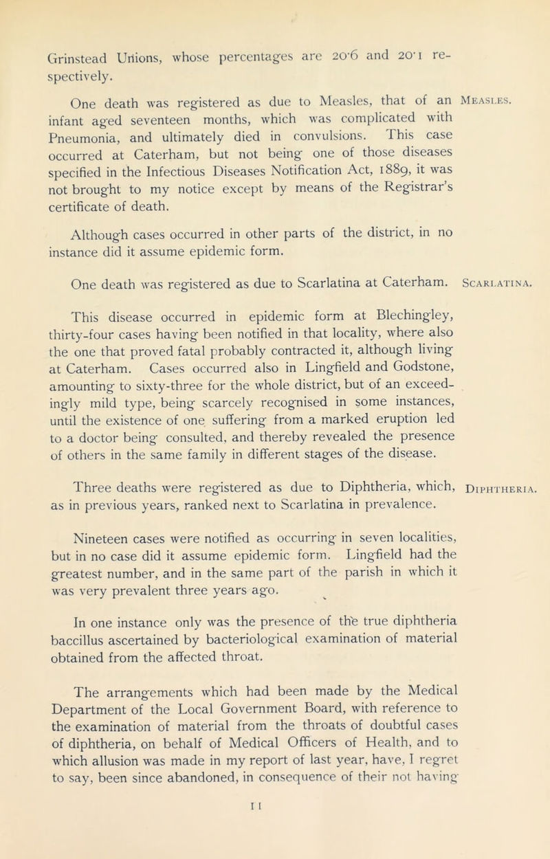 Grinstead Unions, whose percentages are 20'6 and 20-1 re- spectively. One death was registered as due to Measles, that of an Measles. infant aged seventeen months, which was complicated with Pneumonia, and ultimately died in convulsions. This case occurred at Caterham, but not being one of those diseases specified in the Infectious Diseases Notification Act, 1889, it was not brought to my notice except by means of the Registrar’s certificate of death. Although cases occurred in other parts of the district, in no instance did it assume epidemic form. One death was registered as due to Scarlatina at Caterham. Scarlatina. This disease occurred in epidemic form at Blechingley, thirty-four cases having been notified in that locality, where also the one that proved fatal probably contracted it, although living at Caterham. Cases occurred also in Lingfield and Godstone, amounting to sixty-three for the whole district, but of an exceed- ingly mild type, being scarcely recognised in some instances, until the existence of one suffering from a marked eruption led to a doctor being consulted, and thereby revealed the presence of others in the same family in different stages of the disease. Three deaths were registered as due to Diphtheria, which, Diphtheria. as in previous years, ranked next to Scarlatina in prevalence. Nineteen cases were notified as occurring in seven localities, but in no case did it assume epidemic form. Lingfield had the greatest number, and in the same part of the parish in which it was very prevalent three years ago. In one instance only was the presence of th'e true diphtheria baccillus ascertained by bacteriological examination of material obtained from the affected throat. The arrangements which had been made by the Medical Department of the Local Government Board, with reference to the examination of material from the throats of doubtful cases of diphtheria, on behalf of Medical Officers of Health, and to which allusion was made in my report of last year, have, I regret to say, been since abandoned, in consequence of their not having