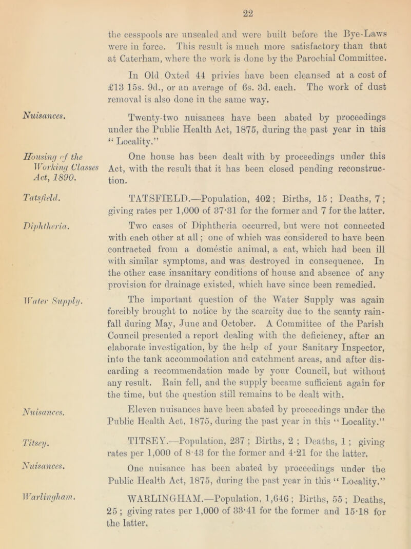 Nuisances. Housing of the Working Classes Act, 1890. Tats field. Diphtheria. Water Supply. Nuisances. Titsey. Nuisances. the cesspools are unsealed and were built before the Bye-Laws were in force. This result is much more satisfactory than that at Caterham, where the work is done by the Parochial Committee. In Old Oxted 44 privies have been cleansed at a cost of £18 15s. 9d., or an average of Gs. 3d. each. The work of dust removal is also done in the same way. Twenty-two nuisances have been abated by proceedings under the Public Health Act, 1875, during the past year in this “ Locality.” One house lias been dealt with by proceedings under this Act, with the result that it has been closed pending reconstruc- tion. TATSFIELD.—Population, 402; Births, 15; Deaths, 7 ; giving rates per 1,000 of 37‘31 for the former and 7 for the latter. Two cases of Diphtheria occurred, but were not connected with each other at all; one of which was considered to have been contracted from a domestic animal, a cat, which had been ill with similar symptoms, and was destroyed in consequence. In the other case insanitary conditions of house and absence of any provision for drainage existed, which have since been remedied. The important question of the Water Supply was again forcibly brought to notice by the scarcity due to the scanty rain- fall during May, June and October. A Committee of the Parish Council presented a report dealing with the deficiency, after an elaborate investigation, by the help of your Sanitary Inspector, into the tank accommodation and catchment areas, and after dis- carding a recommendation made by your Council, but without any result. Rain fell, and the supply became sufficient again for the time, but the question still remains to be dealt with. Eleven nuisances have been abated by proceedings under the Public Health Act, 1875, during the past year in this “ Locality.” TITSEY.—Population, 237 ; Births, 2 ; Deaths, 1 ; giving rates per 1,000 of 8-48 for the former and 4-21 for the latter. One nuisance has been abated by proceedings under the Public Health Act, 1875, during the past year in this “ Locality.” WARLINGHAM.—Population, 1,646 ; Births, 55 ; Deaths, 25 ; giving rates per 1,000 of 33f41 for the former and 15‘18 for the latter. Warlingham.