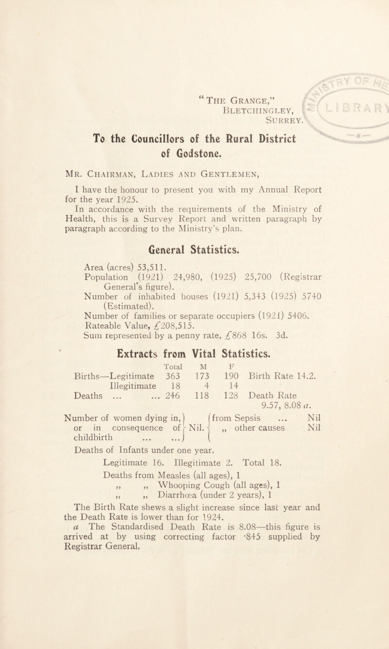 The GranCxE,” Bletchingley, Surrey. To the Councillors of the Rural District of Godstone. Mr. Chairman, Ladies and Gentlemen, I have the honour to present you with my Annual Report for the year 1925. In accordance with the requirements of the Ministry of Health, this is a Survey Report and written paragraph by paragraph according to the Ministry’s plan. General Statistics. Area (acres) 53,511. Population (1921) 24,980, (1925) 25,700 (Registrar General’s figure). Number of inhabited houses (l92l) 5,343 (1925) 5740 (Estimated). Number of families or separate occupiers (1921) 5406. Rateable Value, ;^208,515. Sum represented by a penny rate, ;^868 16s. 3d. Extracts from Vital Statistics. Total M F Births—Legitimate 363 173 190 Birth Rate 14.2. Illegitimate 18 4 14 Deaths 246 118 128 Death Rate 9.57, 8.08 a. Number of women dying in,i [from Sepsis ... Nil or in consequence ofrNil. j „ other causes Nil childbirth ... ...J [ Deaths of Infants under one year. Legitimate 16. Illegitimate 2. Total 18. Deaths from Measles (all ages), 1 ,, „ Whooping Cough (all ages), 1 „ ,, Diarrhoea (under 2 years), 1 The Birth Rate shews a slight increase since last year and the Death Rate is lower than for 1924. a The Standardised Death Rate is 8.08—this figure is arrived at by using correcting factor *845 supplied by Registrar General,