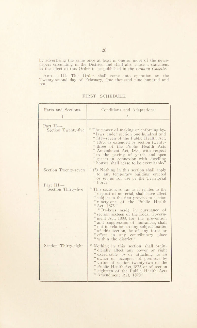 by advertising the same once at least in one or more of the news- papers circulating in the District, and shall also cause a statement to the effect of this Order to be published in the London Gazette. Article III.—This Order shall come into operation on the Twenty-sceond day of February, One thousand nine hundred and ten. FIRST SCHEDULE. Parts and Sections. Conditions and Adaptations. 1 2 Part IT— Section Twenty-five “ The power of making or enforcing by- “ laws under section one hundred and “ fifty-seven of the Public Health Act, “ 1875, as extended by section twenty- “ three of the Public Health Acts “ Amendment Act, 1890„ with respect “ to the paving of 3'ards and open “ spaces in connexion with dwelling “ houses, shall cease to be exercisable-” Section Twenty-seven “ (7) Nothing in this section shall apply ” to any temporary building erected “ or set up for use by the Territorial Part III.— Section Thirty-five ” Force.” “ This section, so far as it relates to the “ deposit of material, shall have effect “ subject to the first proviso to section “ ninety-one of the Public Health “Act, 1875.” “ By-laws made in pursuance of “ section sixteen of the Local Govern- “ ment Act, 1888, for the prevention “ and suppression of nuisances, shall “ not in relation to any subject matter “of this section, be oE any force or “ effect in any contributory place “ within the district.” Section Thirty-eight “ Nothing in this section shall preju- “ dicially affect any power or right “ exercisable by or attaching to an “ owner or occupier of premises by “ virtue of section twenty-two of the “ Public Health Act, 1875, or of section “ eighteen of the Public Health Acts “ Amendment Act, 1890.”