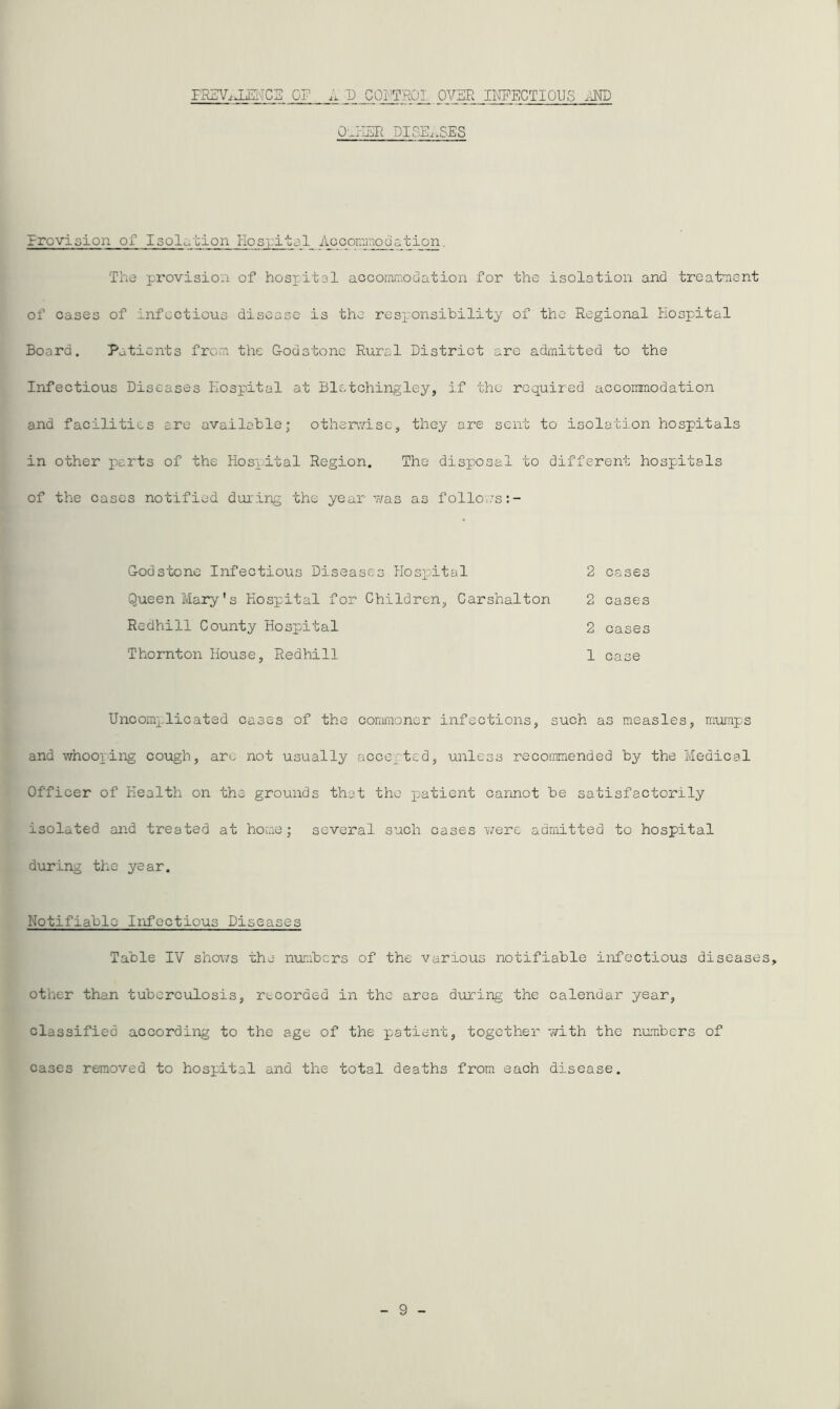 FEZV^^NCS OP E F GOPTROI OVER IP^ECTIOUS O'.I-ISE DISE..SES Provision of Isolation Hosyital Agoonrinodation. The provision of hospital accornn'iodation for the isolation and treataient of cases of infectious disease is the responsibility of the Regional Hospital Board, Patients from the Godstone Rural District are admitted to the Infectious Diseases Hospital at Bletchingley, if the required accommodation and facilities are available; otherwise, they are sent to isolation hospitals in other parts of the Hospital Region. The disposal to different hospitals of the cases notified during the year 7»ras as follows Godstone Infectious Diseases Plospital 2 cases Queen Mary's Hospital for Children, Carshalton 2 cases Redhill County Hospital 2 cases Thornton House, Redhill 1 case Uncomplicated cases of the commoner infections, such as measles, mumps and whooping cough, arc not usually accepted, unless recoinmended b^^ the Medical Officer of Health on the grounds that the jjatient cannot be satisfactorily isolated and treated at home; several such cases were admitted to hospital during the year. Notifiable Infectious Diseases Table IV shov/s the numbers of the various notifiable infectious diseases, other than tuberculosis, recorded in the area during the calendar year, classified according to the age of the patient, together v/ith the numbers of cases removed to hospital and the total deaths from each disease.