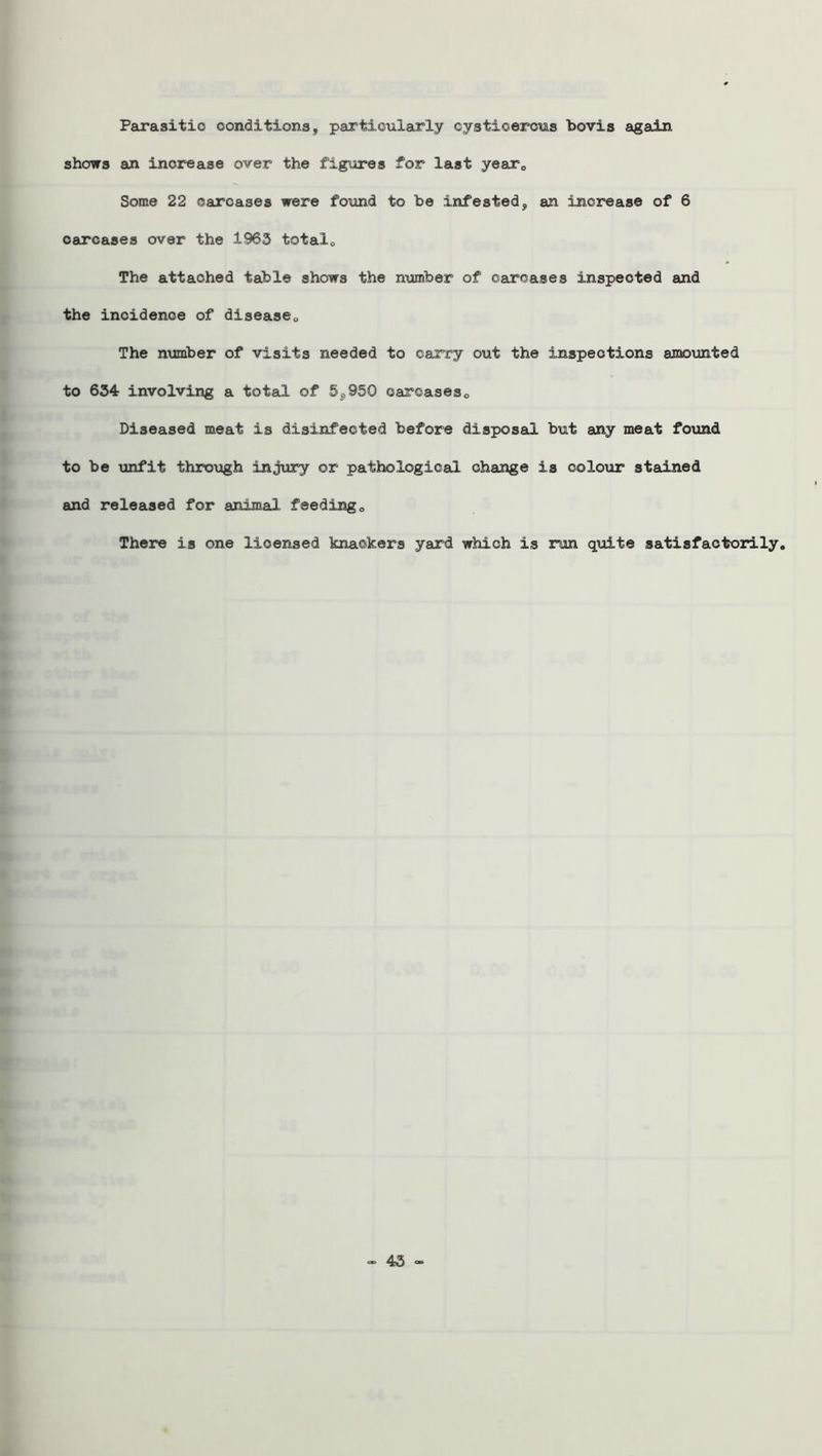 Parasitic conditions, particularly cysticercus bovis again shows an increase over the figures for last yearc Some 22 carcases were found to be infested, an increase of 6 oarcases over the 1965 totalQ The attached table shows the number of carcases inspected and the incidence of disease0 The number of visits needed to carry out the inspections amounted to 634 involving a total of 5fl950 carcases0 Diseased meat is disinfected before disposal but any meat found to be unfit through injury or pathological change is colour stained and released for animal feeding0 There is one licensed knackers yard which is run quite satisfactorily. - 45 -