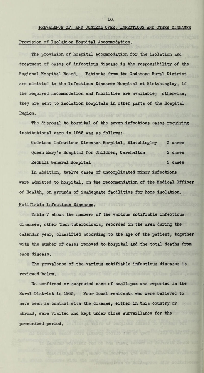 PREVALENCE OF. AND CONTROL OVER. INFECTIOUS AM) OTHER DISEASES Provision of Isolation Hospital Accommodation. The provision of hospital accommodation for the isolation and treatment of cases of infeotious disease is the responsibility of the Regional Hospital Board. Patients from the G-odstone Rural District axe admitted to the Infectious Diseases Hospital at Bletchingley, if the required accommodation and facilities are available; otherwise, they are sent to isolation hospitals in other parts of the Hospital Region. The disposal to hospital of the seven infeotious cases requiring institutional care in 1965 was as follows G-odstone Infeotious Diseases Hospital, Bletchingley 3 oases Queen Mary's Hospital for Children, Carshalton 2 oases Redhill G-eneral Hospital 2 oases In addition, twelve cases of unoomplioated minor infeotions were admitted to hospital, on the reoommendation of the Medioal Offioer of Health, on grounds of inadequate facilities for home isolation. Notifiable Infeotious Diseases. Table V shows the numbers of the various notifiable infeotious diseases, other than tuberculosis, reoorded in the area during the calendar year, classified aooording to the age of the patient, together with the number of cases removed to hospital and the total deaths from each disease. The prevalence of the various notifiable infectious diseases is reviewed below. No confirmed or suspeoted case of small-pox was reported in the Rural District in 1965. Pour local residents who were believed to have been in contaot with the disease, either in this country or abroad, were visited and kept under dose surveillanoe for the prescribed period.