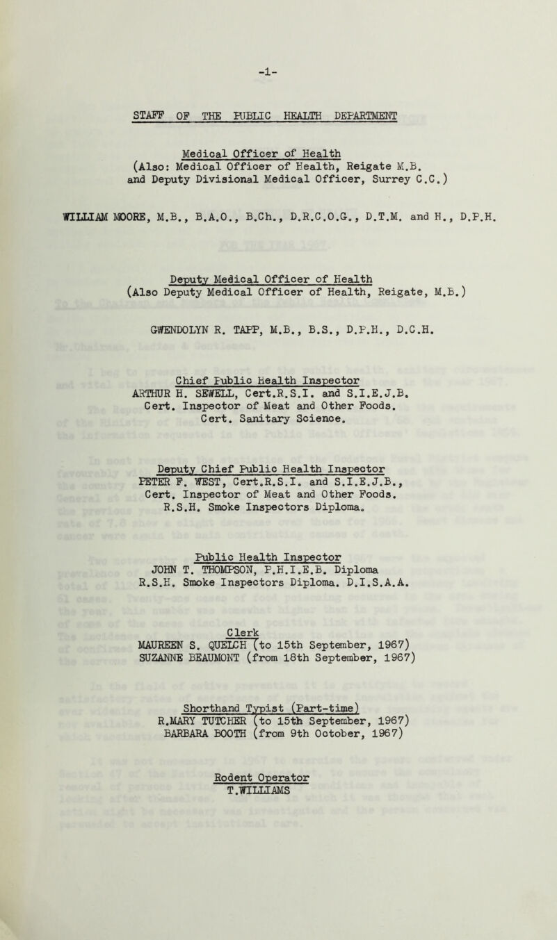 -1- STAFF OP THE RIBLIC HEALTH DEPARTMENT Medioal Officer of Health (Also: Medical Officer of Health, Reigate M.B. and Deputy Divisional Medical Officer, Surrey C.C.) WILLIAM MOORE, M.B., B.A.O., B.Ch., D.R.C.O.G., D.T.M. and H., D.P.H. Deputy Medical Officer of Health (Also Deputy Medical Officer of Health, Reigate, M.B.) GWENDOLYN R. TAPP, M.B., B.S., D.P.H., D.C.H. Chief Public Health Inspector ARTHUR H. SEWELL, Cert.R.S.I. and S.I.E.J.B. Cert. Inspector of Meat and Other Poods. Cert. Sanitary Science. Deputy Chief Public Health Inspector PETER P. WEST, Cert.R.S.I. and S.I.E.J.B., Cert. Inspector of Meat and Other Poods. R.S.H. Smoke Inspectors Diploma. Public Health Inspector JOHN T. THOMPSON, P.H.I.E.B. Diploma R.S.H. Smoke Inspectors Diploma. D.I.S.A.A. Clerk MAUREEN S. QUELCH (to 15th September, 1967) SUZANNE BEAUMONT (from 18th September, 1967) Shorthand Typist (Part-time) R.MARY TUTCHER (to 15th September, 1967) BARBARA BOOTH (from 9th October, 1967) Rodent Operator T.WILLIAMS