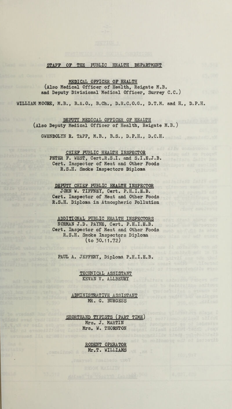 STAFF OF THE PUBLIC HEALTH DEPARTMENT MEDICAL OFFICER OF HEALTH (Also Medical Officer of Health, Reigate M.B. and Deputy Divisional Medical Officer, Surrey C.C.) WILLIAM MOOHE, M.B., B.A.O., B.Ch., D.R.C.O.G., D.T.M. and H., D.P.H. DEPUTY MEDICAL OFFICER OF HEALTH (Also Deputy Medical Officer of Health, Reigate M.B.) GWENDOLYN R. TAPP, M.B., B.S., D.P.H., D.C.H. CHIEF PUBLIC HEAITH INSPECTOR PETER F. WEST, Cert.R.S.I. and S.I.E.J.B. Cert, Inspector of Meat and Other Foods R.S.H. Smoke Inspectors Diploma DEPUTY CHIEF PUBLIC HEALTH INSPECTOR JOHN W. TIFFNEY, Cert. P.H.I.E.B. Cert, Inspector of Meat and Other Poods R.S.H. Diploma in Atmospheric Pollution ADDITIONAL PUBLIC HEALTH INSPECTORS NORMAN J.D. PAYNE, Cert. P.H.I.E.B. Cert. Inspector of Meat and Other Poods R.S.H. Smoke Inspectors Diploma (to 30.11,72) PAUL A. JEFFERY, Diploma P.H.I.E.B. TECHNICAL ASSISTANT KEVAN V. ALLBEURY ADMINISTRATIVE ASSISTANT MR. G. BURGESS SHORTHAND TYPISTS (PART TIME) Mrs. J. MARTIN Mrs. W. THORNTON RODENT OPERATOR Mr.T. WILLIAMS