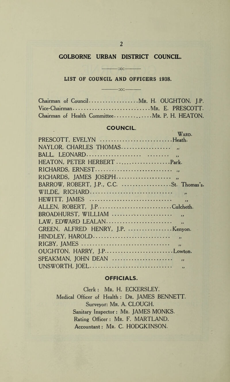 GOLBORNE URBAN DISTRICT COUNCIL. LIST OF COUNCIL AND OFFICERS 1938. Chairman of Council Mr. H. OUGHTON, J.P. Vice-Chairman Mr. E. PRESCOTT. Chairman of Health Committee Mr. P. H. HEATON. COUNCIL. PRESCOTT. EVELYN NAYLOR, CHARLES THOMAS. BALL, LEONARD HEATON, PETER HERBERT ... RICHARDS, ERNEST RICHARDS, JAMES JOSEPH... BARROW, ROBERT, J.P., C.C. . WILDE, RICHARD HEWITT, JAMES ALLEN, ROBERT, J.P BROADHURST, WILLIAM LAW, EDWARD LEALAN GREEN, ALFRED HENRY, J.P. HIND LEY, HAROLD RIGBY, JAMES OUGHTON, HARRY, J.P SPEAKMAN, JOHN DEAN UNSWORTH, JOEL Ward. Heath. Park. St. Thomas’s. ff Culcheth. Kenyon. ff ff ■ Lowton. OFFICIALS. Clerk : Mr. H. ECKERSLEY. Medical Officer of Health : Dr. JAMES BENNETT. Surveyor: Mr. A. CLOUGH. Sanitary Inspector : Mr. JAMES MONKS. Rating Officer : Mr. F. MARTLAND. Accountant: Mr. C. HODGKINSON.