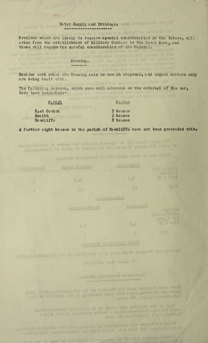 Water Supply and Drainage Problems which are likely to require special consideration in the future, will arise from the establishment of Military Centres in the Rural Area, and these mil require the careful consideration of the Council, Housing, Routine work under the Housing Acts is now in abeyance, and urgent matters only are being dealt with. The following schemes, which 'were well advanced on the outbreak of the war, have been ccmpleteds- Pa rish Houses E?ist Co wick Snaith Rawcliffe 5 houses 2 houses 8 houses A further eight houses in the parish of Rawcliffe have not been proceeded with#