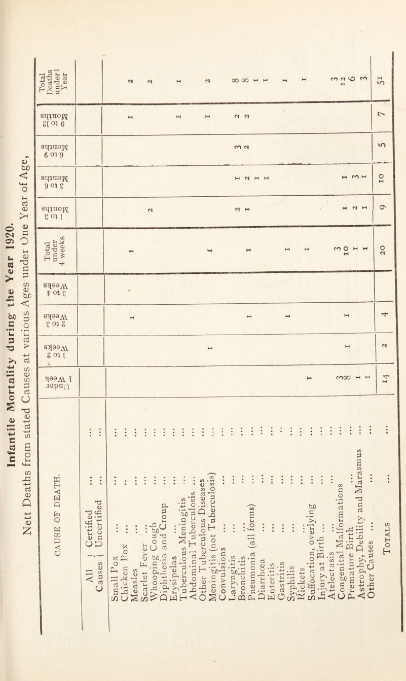 Infantile Mortality during the Year 1920. Nett Deaths from stated Causes at various Ages under One Year of Age, *0 SlftUOJ^ 2 2 I S5199M f 04 g • S5[90AV gojg H m M H ST99M Z 011 H M M ^99M I jopun M COOO H H H I