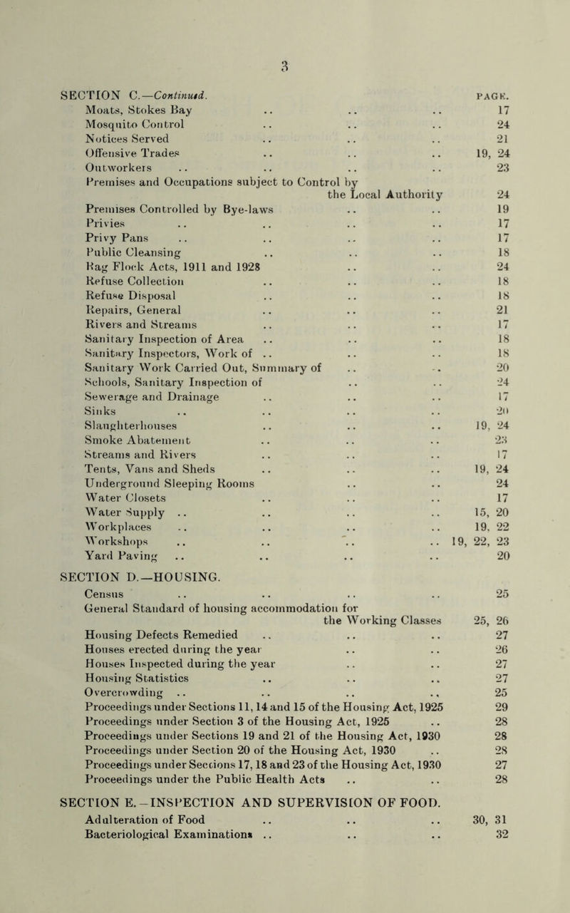 SECTION C.—Continutd. page. Moats, Stokes Bay .. .. .. 17 Mosquito Control .. .. .. 24 Notices Served .. .. .. 21 Offensive Trades .. .. .. 19, 24 Outworkers .. .. .. .. 23 Premises and Occupations subject to Control by the Local Authority 24 Premises Controlled by Bye-laws .. .. 19 Privies .. .. .. .. 17 Privy Pans .. .. .. .. 17 Public Cleansing .. .. .. 18 Bag Flock Acts, 1911 and 1928 .. .. 24 Refuse Collection .. .. .. 18 Refuse Disposal .. .. .. 18 Repairs, General .. .. .. 21 Rivers and Streams .. .. .. 17 Sanitary Inspection of Area .. .. .. 18 Sanitary Inspectors, Work of .. .. .. 18 Sanitary Work Carried Out, Summary of .. . 20 Schools, Sanitary Inspection of .. .. 24 Sewerage and Drainage .. .. .. 17 Sinks .. .. .. .. 20 Slaughterhouses .. .. .. 19, 24 Smoke Abatement .. .. .. 23 Streams and Rivers .. .. .. 17 Tents, Vans and Sheds .. .. .. 19, 24 Underground Sleeping Rooms .. .. 24 Water Closets .. .. .. 17 Water Supply .. .. .. .. 15, 20 Workplaces .. .. .. .. 19. 22 Workshops .. .. .. ..19, 22, 23 Yard Paving .. .. .. .. 20 SECTION D — HOUSING. Census .. .. .. .. 25 General Standard of housing accommodation for the Working Classes 25, 26 Housing Defects Remedied .. .. .. 27 Houses erected during the year .. .. 26 Houses Inspected during the year .. .. 27 Housing Statistics .. .. ., 27 Overcrowding .. .. .. 25 Proceedings under Sections 11,14 and 15 of the Housing Act, 1925 29 Proceedings under Section 3 of the Housing Act, 1925 .. 28 Proceedings under Sections 19 and 21 of the Housing Act, 1930 28 Proceedings under Section 20 of the Housing Act, 1930 .. 28 Proceedings under Sections 17,18 and 23 of the Housing Act, 1930 27 Proceedings under the Public Health Acts .. .. 28 SECTION E.-INSPECTION AND SUPERVISION OF FOOD. Adulteration of Food .. .. .. 30, 31 Bacteriological Examinations .. .. .. 32