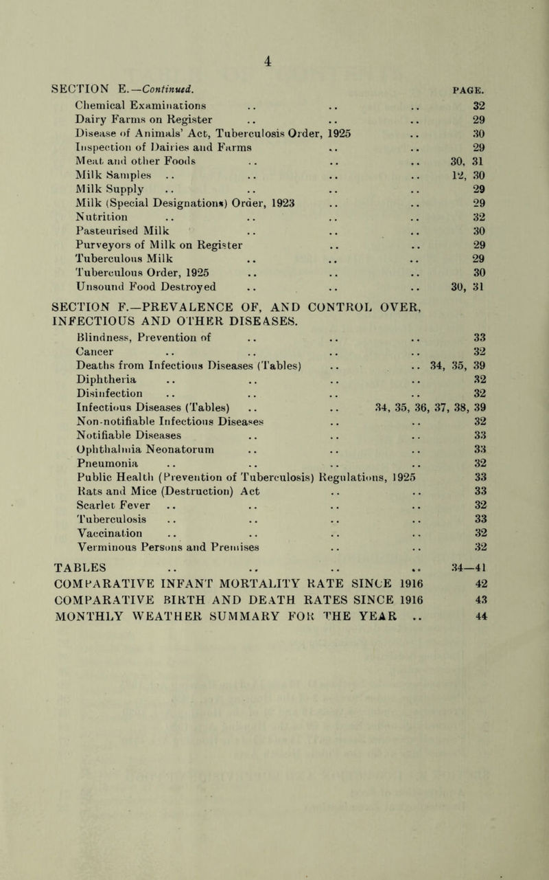 SECTION E.—Continued. PAGE. Chemical Examinations .. .. .. 32 Dairy Farms on Register .. .. .. 29 Disease of Animals’ Act, Tuberculosis Order, 1925 .. 30 Inspection of Dairies and Farms .. .. 29 Meat and other Foods .. .. .. 30, 31 Milk Samples .. .. .. .. 12, 30 Milk Supply .. .. .. .. 29 Milk (Special Designation*) Order, 1923 .. .. 29 Nutrition .. .. .. .. 32 Pasteurised Milk .. .. .. 30 Purveyors of Milk on Register .. .. 29 Tuberculous Milk .. .. .. 29 Tuberculous Order, 1925 .. .. .. 30 Unsound Food Destroyed .. .. .. 30, 31 SECTION F.—PREVALENCE OF, AND CONTROL OVER, INFECTIOUS AND OTHER DISEASES. Blindness, Prevention of .. .. 33 Cancer .. .. .. .. 32 Deaths from Infectious Diseases (Tables) .. .. 34, 35, 39 Diphtheria .. .. .. .. 32 Disinfection .. .. .. .. 32 Infectious Diseases (Tables) .. .. 34,35,36,37,38,39 Non-notifiable Infectious Diseases .. .. 32 Notifiable Diseases .. .. .. 33 Ophthalmia Neonatorum .. .. .. 33 Pneumonia .. .. .. .. 32 Public Health (Prevention of Tuberculosis) Regulations, 1925 33 Rats and Mice (Destruction) Act .. .. 33 Scarlet Fever .. .. .. .. 32 Tuberculosis .. .. .. .. 33 Vaccination .. .. .. .. 32 Verminous Persons and Premises .. .. 32 TABLES .. .. .. .. 34—41 COMPARATIVE INFANT MORTALITY RATE SINCE 1916 42 COMPARATIVE BIRTH AND DEATH RATES SINCE 1916 43 MONTHLY WEATHER SUMMARY FOR THE YEAR .. 44