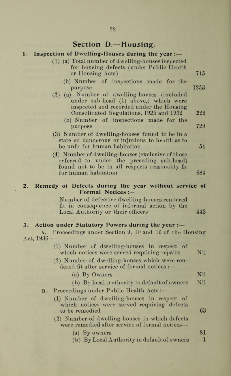 Section D.—Housing. 1. Inspection of Dwelling=Houses during the year :— (1) (a) Total number of dwelling-houses inspected for housing defects (under Public Health or Housing Acts) 745 (b) Number of inspections made for the purpose 1253 (2) (a) Number of dwelling-houses (included under sub-head (1) above,) which w^ere inspected and recorded under the Housing Consolidated Regulations, 1925 and 1932 222 (b) Number of inspections made for the purpose 729 (3) Number of dwelling-houses found to be in a state so dangerous or injurious to health as to be unfit for human habitation 54 (4) Number of dwelling-houses (exclusive of those referred to under the preceding sub-head) found not to be in all respects reasonably fit for human habitation 684 2. Remedy of Defects during the year without service of Formal Notices Number of defective dwelling-houses rendered fit in consequence of informal action by the Local Authority or their officers 443 3. Action under Statutory Powers during the year :— A. Proceedings under Section 9, 10 and 16 of the Housing Act, 1936 :— (1) Number of dwelling-houses in respect of which notices were served requiring repairs Nil (2) Number of dwelling-houses which were ren- dered fit after service of formal notices :— (a) By Owners Nil (b) By local Authority in default of owners Nil B. Proceedings under Public Health Acts:— (1) Number of dwelling-houses in respect of which notices were served requiring defects to be remedied 63 (2) Number of dwelling-houses in which defects were remedied after service of formal notices— (a) By owners 81