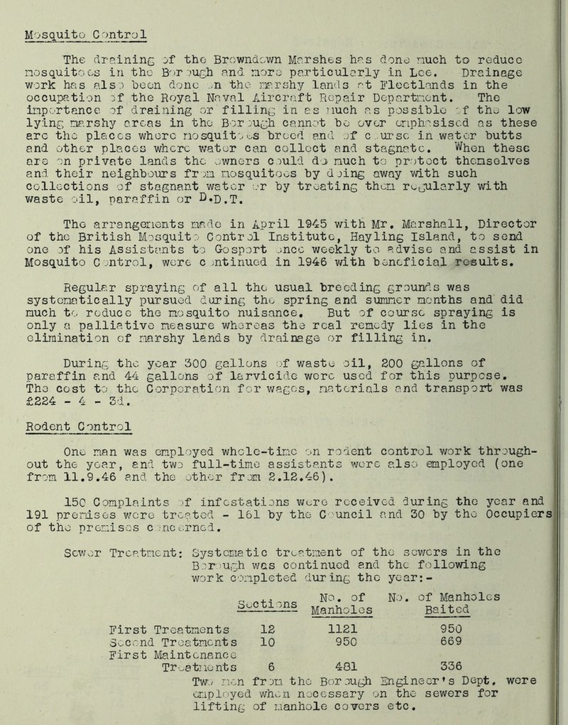 Mosquito Control The dre.ininc of the Brownciown Me.rshes hes done nuch to reduce nosquitoc^ in the Bor'.'Ugh nnd r.ioro particularly in Lee. Drainage ’ work has als.) heon done -n the I'Firshy lands at Flectlands in the , occupation :;f the Royal Naval Aircraft Repair Departnont. The ' inportance of draining or filling in as nuch as possible of the low lying nf-rshy areas in the B^or-;ugh cannot be over onph^'.siscd as these are the places whore nosquitoos breed and .;f c. ui-sc in water butts and other places where v;ator can collect and stagnate. When these are on private lands the .owners could dj nuch to protect thenselves and their neighbours from nosquitoos by doing away with such collections of stagnant water -..'r by treating then r^^tpilarly with v/aste oil, paraffin or I^»D.T. The arrangerients made in April 1945 with Mr, Marshall, Director of the British Mosquit:.' Control Institute, Hayling Island, to send I one of his Assistants to Gosport enco weekly to advise and assist in j Mosquito Control, wore continued in 1946 with beneficial results. Regular spraying of all the usual breeding grounds was systcnatically pursued during the spring and sumner months and did nuch to reduce the mosquito nuisance. But of course spraying is only a palliative measure whereas the real remedy lies in the elimination of marshy lands by drainage or filling in. During the year 300 gallons of waste oil, 200 gallons of paraffin and 44 gallons of larvicide wore used for this purpose. Tho cost to the Corporation for v/ages, natcrials and transport was £224 - 4 - 3d. Rodent Control One nan was employed whole-tine on rodent control work through- out the year, end tvrj full-time assistants wore also employed (one from 11.9.46 and the other from 2.12.46). 15C Complaints )f infestations vn:.Te received during tho year and 191 preriises were treated - l&l by the C /uncil and 30 by tho Occupiers of the premises c .■neerned. Sewer Treatment: Systematic treatment of the sev/ers in the Bor-’Ugh was continued and the following work completed dur-ing the year:- No, of No, of Manholes Manholes Baited 1121 950 950 669 481 336 Tw-y men fren the Borough Engineer’s Dept, were employed when necessary on tho sewers for lifting of manhole covers etc. Sections First Treatments 12 Second Treatments 10 First Maintenance Tr.^0tmontG 6