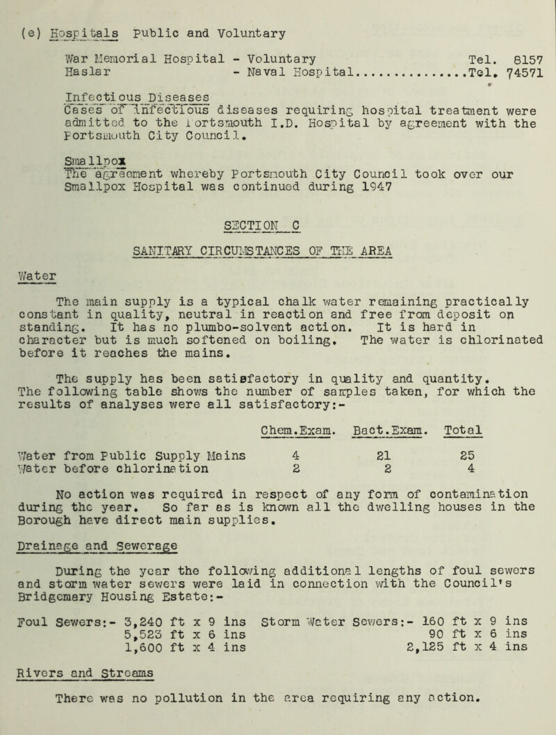 (e) Hospitals public and Voluntary War Memorial Hospital - Voluntary Tel. 8157 Haslar - Naval Hospital Tel, 74571 _:D:Lfec_tious Diseases Cas'es'oT''TnfectTous diseases requiring hospital treatment were admitted to the i ortsmouth I.D. Hospital by agreement with the Fortsiiiuuth City Counci 1. Siiia lip ox Thea”greoinent whereby Portsmouth City Council took over our Smallpox Hospital was continued during 1947 V/ater SICTIO^C SANITARY CIRCUIBTANCES OF THE AREA The main supply is a typical chalk water remaining practically constant in quality, neutral in reaction and free from deposit on standing. It has no plumbo-solvent action. It is hard in character but is much softened on boiling. The water is chlorinated before it reaches the mains. The supply has been satisfactory in quality and quantity. The following table shows the number of samples taken, for which the results of analyses were all satisfactory C hem. Exam. Bact .Exam. Total V/ater from public Supply Mains 4 21 25 water before chlorination 2 2 4 No action was required in respect of any form of contamination during the year. So far as is known all the dwelling houses in the Borough have direct main supplies. Drainage and Sewerage During the year the following additional lengths of foul sewers and stormwater sewers were laid in connection with the Council's Bridgemary Housing Estate:- Foul Sewers:- 3,240 ft x 9 ins Storm Water sewers:- 160 ft x 9 ins 5,523 ft X 6 ins 90 ft x 6 ins 1,600 ft X 4 ins 2,125 ft x 4 ins Rivers and streams There was no pollution in the area requiring any action
