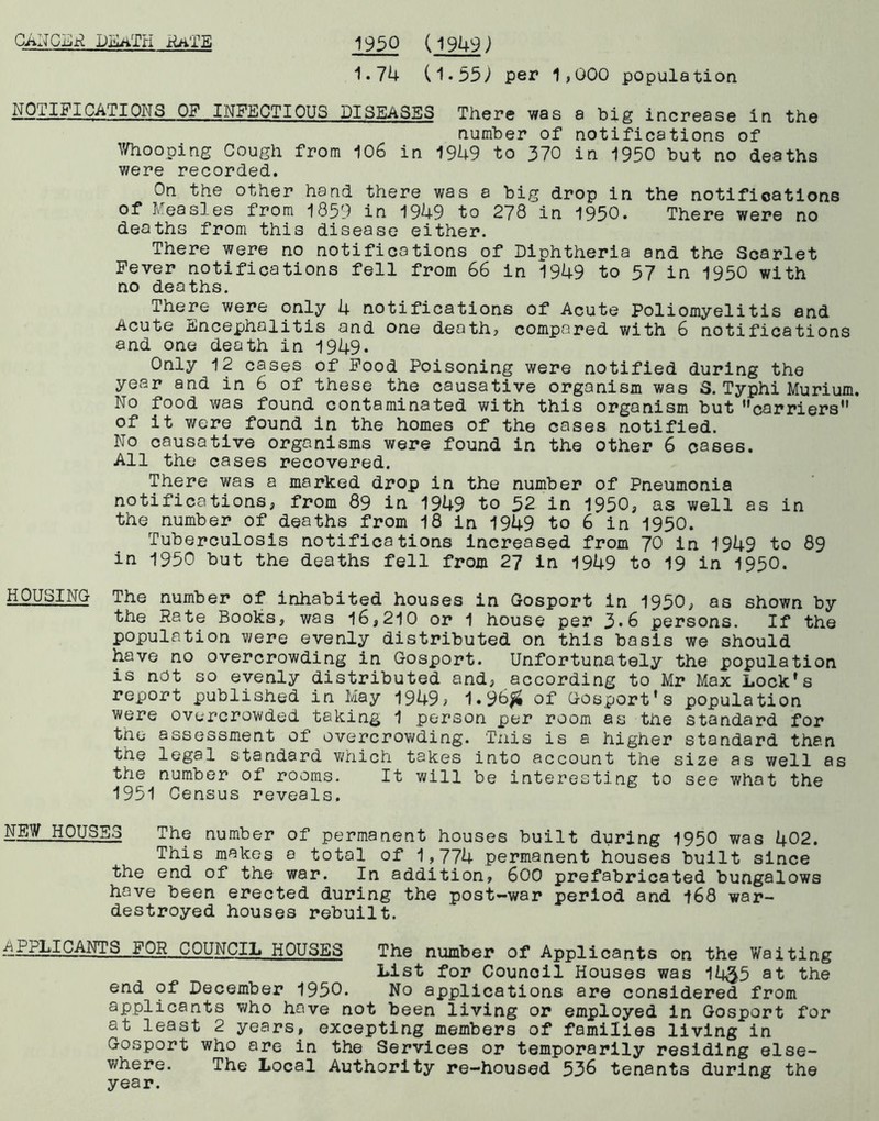 1*74 C1•359 per 1,000 population NOTIFICATIONS OF INFECTIOUS DISEASES There was a big increase in the number of notifications of Whooping Cough from 106 in 1949 to 370 in 1950 but no deaths were recorded. On the other hand there was a big drop in the notifications of Measles from 1859 in 1949 to 278 in 1950. There were no deaths from this disease either. There were no notifications of Diphtheria and the Scarlet Fever notifiestions fell from 66 in 1949 to 37 in 1950 with no deaths. There were only 4 notifications of Acute Poliomyelitis and Acute Encephalitis and one death, compared with 6 notifications and one death in 1949* Only 12 cases of Food Poisoning were notified during the year and in 6 of these the causative organism was S. Typhi Murium. No food was found contaminated with this organism but ''carriers” of it were found in the homes of the cases notified. No causative organisms were found in the other 6 cases. All the cases recovered. There was a marked drop in the number of Pneumonia notifications, from 89 in 1949 to 32 in 1950, as well as in the number of deaths from 18 in 1949 to 6 in 1950. Tuberculosis notifications increased from 70 in 1949 to 89 in 1950 but the deaths fell from 27 in 1949 to 19 in 1950. HOUSING The number of inhabited houses in Gosport in 1950, as shown by the Rate Books, was 16,210 or 1 house per 3*6 persons. If the population were evenly distributed on this basis we should have no overcrowding in Gosport. Unfortunately the population is not so evenly distributed and, according to Mr Max Lock’s report published in May 1949; 1.96# of Gosport's population were overcrowded taking 1 person per room as the standard for the assessment of overcrowding. This is a higher standard than the legal standard which takes into account the size as well as the number of rooms. It will be interesting to see what the 1951 Census reveals. NEW HOUSES The number of permanent houses built during 1950 was 402. This makes a total of 1,774 permanent houses built since the end of the war. In addition, 600 prefabricated bungalows have been erected during the post-war period and 168 war- destroyed houses rebuilt. ijfl/CANTS FOR COUNCIL HOUSES The number of Applicants on the Waiting List for Council Houses was 14$5 at the end of December 1950. No applications are considered from aP.plicants who have not been living or employed in Gosport for at least 2 years, excepting members of families living in Gosport who are in the Services or temporarily residing else- where. The Local Authority re-housed 536 tenants during the year.