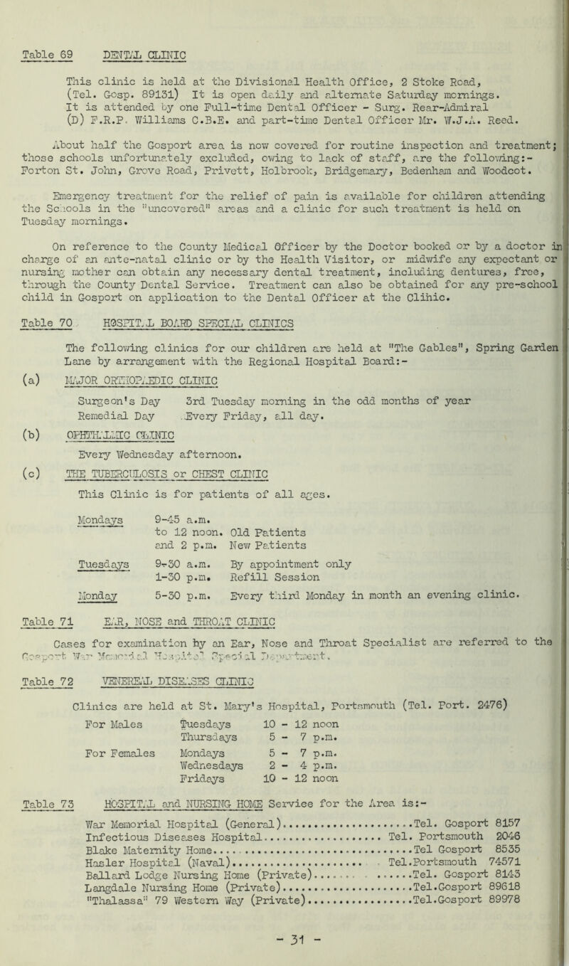 This clinic is held at the Divisional Health Office, 2 Stoke Read, (Tel. Gosp. 89131) It is open daily and alternate Saturday mornings. It is attended by one Full-time Dental Officer - Surg. Rear-Admiral (d) F.R.P, Williams C.B.E. and part-time Dental Officer Mr. W.J.A. Reed. About half the Gosport area is now covered for routine inspection and treatment; those schools unfortunately excluded, owing to lack of staff, a.re the following:- Forton St. John, Grove Road, Privett, Holbrook, Bridgemary, Bedenliam and Woodcot. Emergency treatment for the relief of pain is available for children attending the Schools in the ’’uncovered” areas and a clinic for such treatment is held on Tuesday mornings. On reference to the County Medical Officer by the Doctor booked or by a doctor in charge of an ante-natal clinic or by the Health Visitor, or midwife any expectant or nursing mother can obtain any necessary dental treatment, including dentures, free, through the County Dental Service. Treatment can also be obtained for any pre-school child in Gosport on application to the Dental Officer at the Clinic. Table 70 HOSPITAL BOARD SPECIAL CLINICS The following clinics for our children are held at ’’The Gables”, Spring Garden Lane by arrangement with the Regional Hospital Board:- (a) MAJOR ORTHOPAEDIC CLINIC Surgeon’s Day 3rd Tuesday morning in the odd months of year Remedial Day ..Every Friday, all day. (b) OPHTHALMIC CLINIC Every Wednesday afternoon. (c) THE TUBERCULOSIS or CHEST CLINIC This Clinic is for patients of all ages. Mondays 9-45 a.m. to 12 noon. Old Patients and 2 p.m. New Patients Tuesdays 9r30 a.m. By appointment only 1-30 p.m. Refill Session Monday 5-30 p.m. Every third Monday in month an evening clinic. Table 71 ERR, NOSE and THROAT CLINIC Cases for examination by an Ear, Nose and Throat Specialist are referred to the no-°pct W-.7* Mrmo’d ad Hosolto’' Speci al D .partmert. Table 72 VENEREAL DISEASES CLINIC Clinics are held at St. Mary’s Hospital, Portsmouth (Tel. Port. 2476) For Males Tuesdays 10 - 12 noon Thursdays 5 - 7 p.m. For Females Mondays 5 - 7 p.m. Wednesdays 2 - 4 p.m. F rid. ays 10 - 12 noon Table 73 HOSPITAL and NURSING HOME Serviee for the Area is:- War Memorial Hospital (General) ..Tel. Gosport 8157 Infectious Diseases Hospital Tel. Portsmouth 2046 Blake Maternity Home. Tel Gosport 8535 Hosier HospitaL (Naval) • Tel.Portsmouth 74571 Ballard Lodge Nursing Home (Private)....... - ......Tel. Gosport 8143 Langdale Nursing Home (Private) Tel.Gosport 89618 Thalassa” 79 Western Way (Private) Tel.Gosport 89978