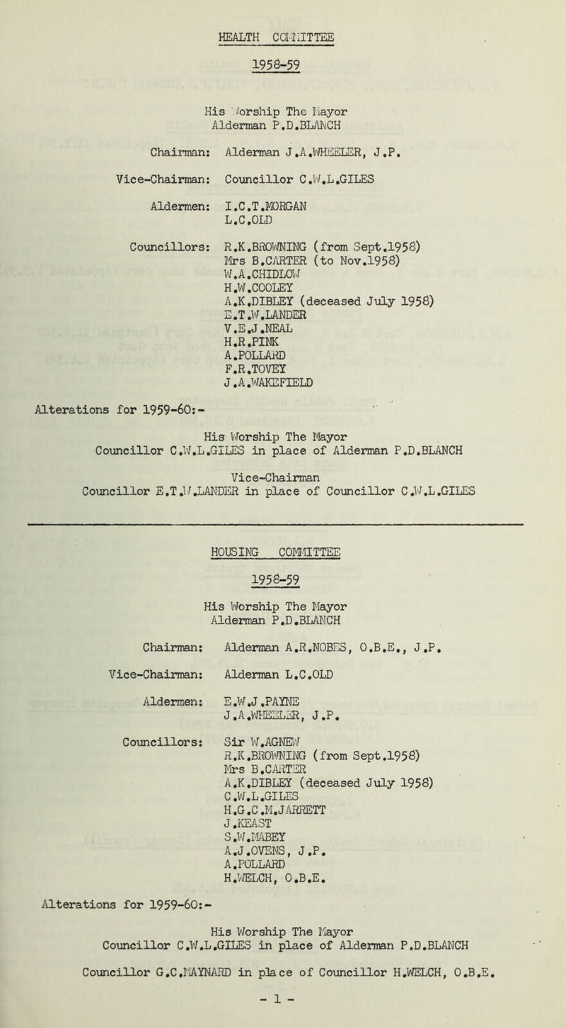 HEALTH CCI-3IITTEE 195S-59 His Worship The liayor Alderman P.D.BLAhCH Chairman: Alderman J, A .WHEELER, J.P, Vice-Chairman: Councillor C.W*L,GILES Aldermen: I.C.T.MORGAN L.C.OLD Councillors: R.K.BROWNING (from Sept.l95S) Mrs B.CARTER (to Nov.l95S) W.A.CHIDLOW H.W.COOLEY A.K.DIBLEY (deceased July 1956) E. T.W.LANDER V.E.J.NEAL H.R.PINK A.POLLARD F. R.TOVEY J. A .WAKEFIELD Alterations for 1959-60:- His VvForship The Mayor Councillor C.VJ.L,GILES in place of Alderman P.D.BLANCH Vice-Chairman Councillor E.T.W.LANDER in place of Councillor C.W.L.GILES HOUSING COM-IITTEE 1956-59 Chairman: Vice-Chairman: Aldermen: His Worship The Mayor Alderman P.D,BLANCH Alderman A.R.NOBES, Alderman L.C.OLD E.W.J .PAYNE J.A.WHEELER, J.P. 0 .B .E., J .P. Councillors: Sir VI.AGNEW R. K.BROIVNING (from Sept.1956) Mrs B.CAiirSR A.K.DIBLEY (deceased July 1956) C.W.L.GILES H.G.C.M,JARRETT J .KFAST S. W.MABEY A.J.OVENS, J.P. A.POLLARD H.l/JELCH, 0,B.E. Alterations for 1959-60:- His Worship The Mayor Councillor C.W.L.GILES in place of Alderman P.D,BLANCH Councillor G.C.MAYNARD in place of Councillor H,WELCH, O.B.E.