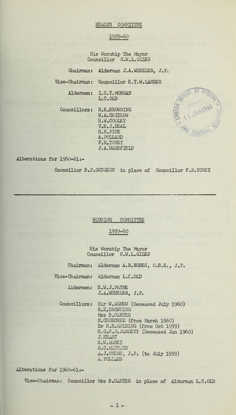 HEALTH COIvIMITTEE 1959-60 His Worship The I'fe.yor Councillor C.W.L.GIIES Chairman; Alderman J.A,WHEELER, J.P. Vice-Chairman: Councillor E.T.W.LANDER Aldermen: I.C.T,MORGAN L.C.OLD Councillors; R.K.BROWNING W.A.CHIDLOW H.W.COOLEY V.E.J.NEAL H.R.PINK A.POLLARD F.R.TOVEY J.A.WAIffiFIELD Alterations for I96O-6I;- Councillor B.P.GUDdlON in place of Councillor F.R.TOVEY HOUSING COMMITTEE 1959-60 His Worship The Mayor Councillor C.W.L.GIIES Chairman; Alderman A.R.NOBES, O.B.E,, J.P, Vice-Chairman: Alderman L.C.OLD Aldermen: E,W,J,PAYNE J.A.WHEELER, J.P. Councillors; Sir W.AGNEW (Deceased July I96O) R. X.BROIfJNING Mrs B.C/iRTER N.CHUROHER (from I%rch i960) Dr D.R.GOLDING (from Oct 1959) H.G.C.M.JARPETT (Deceased Jan I96O) J.ICE/iST S. W.Ii'iBEY G.C.IilYNAPD A.J.OVENS, J.P, (to July 1959) A. POLLARD Alterations for 196O-6I;- Vice-Chairman; Councillor Mrs B,GARTER in place of Alderman L.C.OLD