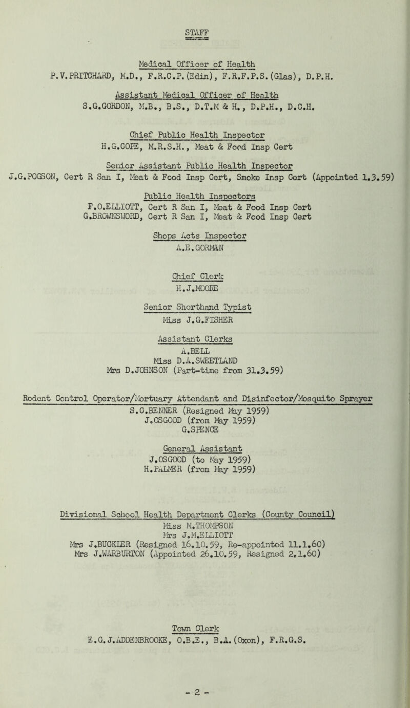 ST/iFF Medical Officer of Health P.V.PRITGH*''iBD, M.D., F.R.C.P. (Edin), F.R.f'.P.S. (Glas), D.P.H. Assistant Medical Officer of Health S.G.GORDON, M.B., B.S,, D.T.M & H., D.P.H., D.G.H. Chief Public Health Inspector H.G.COEE, M.R.S.H., Meat & Food Insp Cert Senior Assistant Public Health Inspector J.G.POGSON, Cert R San I, Ifeat & Food Insp Cert, Smoke Insp Cert (Appointed 1.3.59) Public Health Inspectors F.O.ELLIOTT, Cert R San I, ^bat & Food Insp Cert G.BROlifHSUOPuD, Cert R San I, ^feat ^ Food Insp Cert Shops Acts Inspector A.E.GORI^N Chief Clerk H.J.MOORE Senior Shorthand Typist MLss J.G.FISHER Assistant Clerks A.BELL Miss D.A.SWEETLAND I-trs D.JOHNSON (Part-time from 31.3.59) Rodent Control OperatorAbrtuary Attendant and Disinfector/l'bsquito Sprayer S.G,BENNER (Resigned 14ay 1959) J.OSGOOD (from May 1959) G.SPENCE General Assistant J.OSGOOD (to May 1959) H.PALMER (from Iby 1959) Divisional School Health Department Clerks (County Council) I-S-SS M.TH0I'4PS0N I'irs J.M.ELLI0TT Mrs J.BUCKLER (Resigned 16,10.59? Re-appointed 11.1,60) Mrs J.WilRBURTON (Appointed 26,10,59? Resigned 2,l,6o) Town Clerk E.G. J.^UDDEimOOKE, O.B.E., B.A. (Oxon), F.R.G.S.