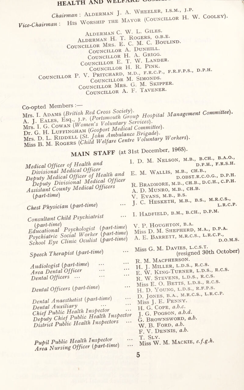 HEALTH AND Chairman Coolev). Vice-Chairman-. His Worship Alderman C. W. L. Giles^ At dfrman H. T. Rogers, o.b.e. Alderman x M c. Boulind. Councillor Mrs. E. G. i • Councillor A. Dunhill. Councillor H. A. Grigg. Councillor E. T. W. Lander. Councillor H. • p F.R.F.P.s., d.p.h. rnimrTTinR P V. Pritchard, m.d., f.r.c. Councillor F. Councillor M. Simonds. Councillor Mrs. G. Smppe . roTTMr.iLLOR A. F. Tavener. Co-opted Members . Mrs. X. Adams HospUal Management Committee). A. J. Eales. sq.. Voluntary Services). ^ r H Luffingham (Gosport Medical Committee). Miss b! M. Rogers (Child Welfare Centre Voluntary Workers). MAIN STAFF (at 31st December, 1965). I D M. Nelson, m.b., b.ch., b.a.o., II ' d.p.h., f.r.s.h. E. M. Wallis, m.b., ch.b., d.obst.r.c.o.g., d.p.h. R. BRADMORE, M.b., CH.B., D.C.H., C.P.H. A. D. Munro, m.b., ch.b. V. Evans, m.b., b.s. T C. Hesketh, m.b., b.s., m.R-c.s., J L. K.G» x • I. HADFIELD, B.M., B.CH., D.P.M. Medical Officer of Health and Divisional Medical Officer Deputy Medical °fficfrJfTZoflicer Deputy Divisional Medical Ojj Assistant County Medical Officers (part-time) Chest Physician (part-time) Consultant Child Psychiatrist (part-time) . V. P. Houghton, b.a. Educational Psychologist (p ) D M shepherd, m.a., d.p.a. Psychiatric Social Worker f^.BARRETT, m.r.c.s., l.r.c.p School Eye Clinic Oculist (part-time) a. ^ d.o Speech Therapist (;part-time) Audiologist [part-time) ••• Area Dental Officer Dental Officers ... Dental Officers (part-time) Dental Anaesthetist (part-time) Dental Auxiliary ••• Chief Public Health Inspector ••• Deputy Chief Public Health Inspector District Public Health Inspectors ... Pupil Public Health Inspector Area Nursing Officer (part-Ume) s G. M. Davies, l.c.s.t. R. M. Macpherson. H. T. Miller, l.d.s., r.c.s. E. W. King-Turner, l.d.s., r.c.s R. W. Stevens, l.d.s., r.c.s. Miss E. O. Betts, l.d.s., R.c.s. H. D. Young, l.d.s., r.f.p.s. D. Jones, b.a., m.r.c.s., l.r.c.p. Miss J. E. Penny. H. G. Cope, a.b.c. J. G. Pogson, a.b.d. G. Brownsword, a.b. W. B. Ford, a.b. F. V. Dennis, a.b. T Sly. Miss W. M. Mackie, e.f.g.h.