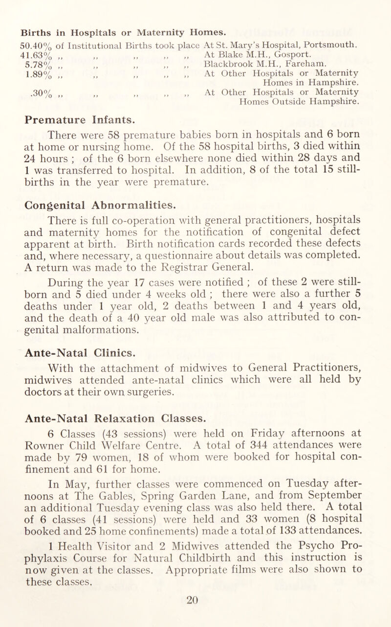 Births in Hospitals or Maternity Homes. 50.40% of Institutional Births took place At St. Mary’s Hospital, Portsmouth. 41.63% ,, „ „ ,, „ At Blake M.H., Gosport. 5.78( 1.89 3 'O >> 'o .303 o >> Blackbrook M.H., Fareham. At Other Hospitals or Maternity Homes in Hampshire. At Other Hospitals or Maternity Homes Outside Hampshire. Premature Infants. There were 58 premature babies born in hospitals and 6 born at home or nursing home. Of the 58 hospital births, 3 died within 24 hours ; of the 6 born elsewhere none died within 28 days and 1 was transferred to hospital. In addition, 8 of the total 15 still- births in the year were premature. Congenital Abnormalities. There is full co-operation with general practitioners, hospitals and maternity homes for the notification of congenital defect apparent at birth. Birth notification cards recorded these defects and, where necessary, a questionnaire about details was completed. A return was made to the Registrar General. During the year 17 cases were notified ; of these 2 were still- born and 5 died under 4 weeks old ; there were also a further 5 deaths under 1 year old, 2 deaths between 1 and 4 years old, and the death of a 40 year old male was also attributed to con- genital malformations. Ante-Natal Clinics. With the attachment of midwives to General Practitioners, midwives attended ante-natal clinics which were all held by doctors at their own surgeries. Ante-Natal Relaxation Classes. 6 Classes (43 sessions) were held on Friday afternoons at Rowner Child Welfare Centre. A total of 344 attendances were made by 79 women, 18 of whom were booked for hospital con- finement and 61 for home. In May, further classes were commenced on Tuesday after- noons at The Gables, Spring Garden Lane, and from September an additional Tuesday evening class was also held there. A total of 6 classes (41 sessions) were held and 33 women (8 hospital booked and 25 home confinements) made a total of 133 attendances. 1 Health Visitor and 2 Midwives attended the Psycho Pro- phylaxis Course for Natural Childbirth and this instruction is now given at the classes. Appropriate films were also shown to these classes,