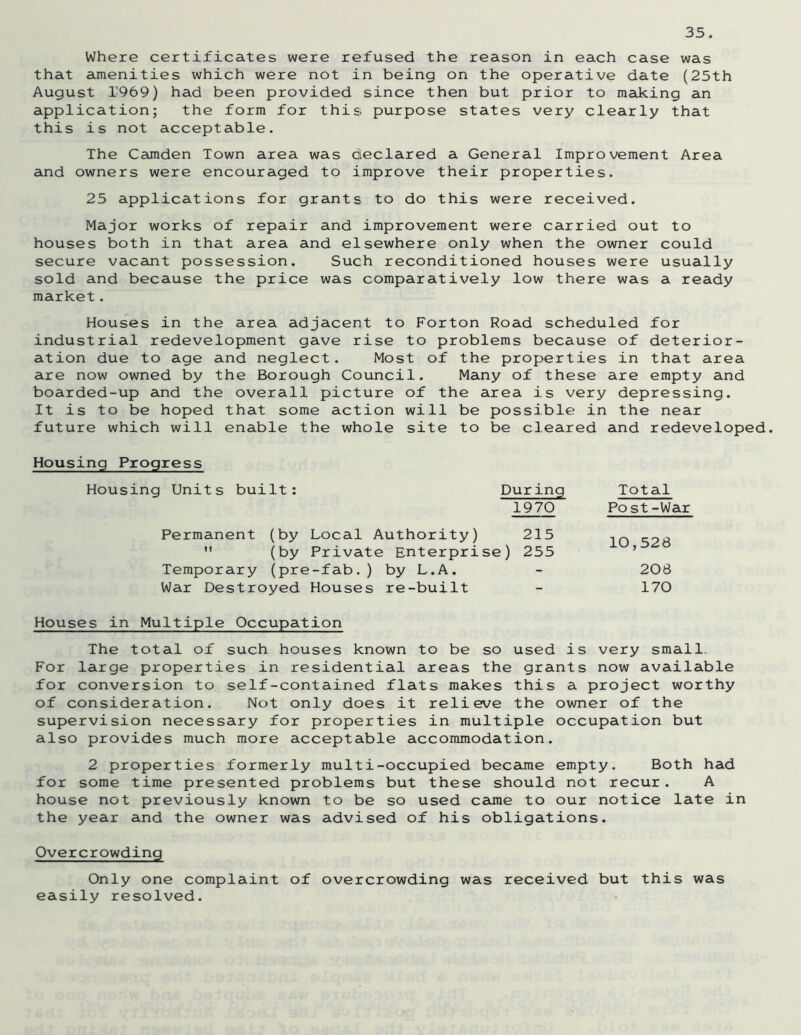 Where certificates were refused the reason in each case was that amenities which were not in being on the operative date (25th August T969) had been provided since then but prior to making an application; the form for this purpose states very clearly that this is not acceptable. The Camden Town area was declared a General Improvement Area and owners were encouraged to improve their properties. 25 applications for grants to do this were received. Major works of repair and improvement were carried out to houses both in that area and elsewhere only when the owner could secure vacant possession. Such reconditioned houses were usually sold and because the price was comparatively low there was a ready market. Houses in the area adjacent to Forton Road scheduled for industrial redevelopment gave rise to problems because of deterior- ation due to age and neglect. Most of the properties in that area are now owned by the Borough Council. Many of these are empty and boarded-up and the overall picture of the area is very depressing. It is to be hoped that some action will be possible in the near future which will enable the whole site to be cleared and redevelop' Housing Progress Housing Units built: During 1970 Permanent (by Local Authority) 215  (by Private Enterprise) 255 Temporary (pre-fab.) by L.A. War Destroyed Houses re-built Houses in Multiple Occupation The total of such houses known to be so used is very small For large properties in residential areas the grants now available for conversion to self-contained flats makes this a project worthy of consideration. Not only does it relieve the owner of the supervision necessary for properties in multiple occupation but also provides much more acceptable accommodation. 2 properties formerly multi-occupied became empty. Both had for some time presented problems but these should not recur. A house not previously known to be so used came to our notice late in the year and the owner was advised of his obligations. Overcrowding Only one complaint of overcrowding was received but this was easily resolved. Total Post-War 10,528 208 170