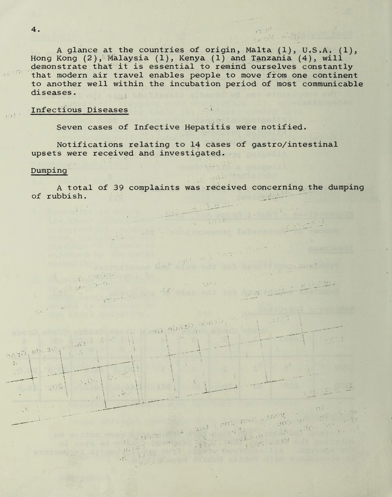 A glance at the countries of origin, Malta (1), U.S.A. (1), Hong Kong (2), Malaysia (1), Kenya (1) and Tanzania (4), will demonstrate that it is essential to remind ourselves constantly that modern air travel enables people to move from one continent to another well within the incubation period of most communicable diseases. Infectious Diseases 1 Seven cases of Infective Hepatitis were notified. Notifications relating to 14 cases of gastro/intestinal upsets were received and investigated. Dumping A total of 39 complaints was received concerning the dumping of rubbish. ^