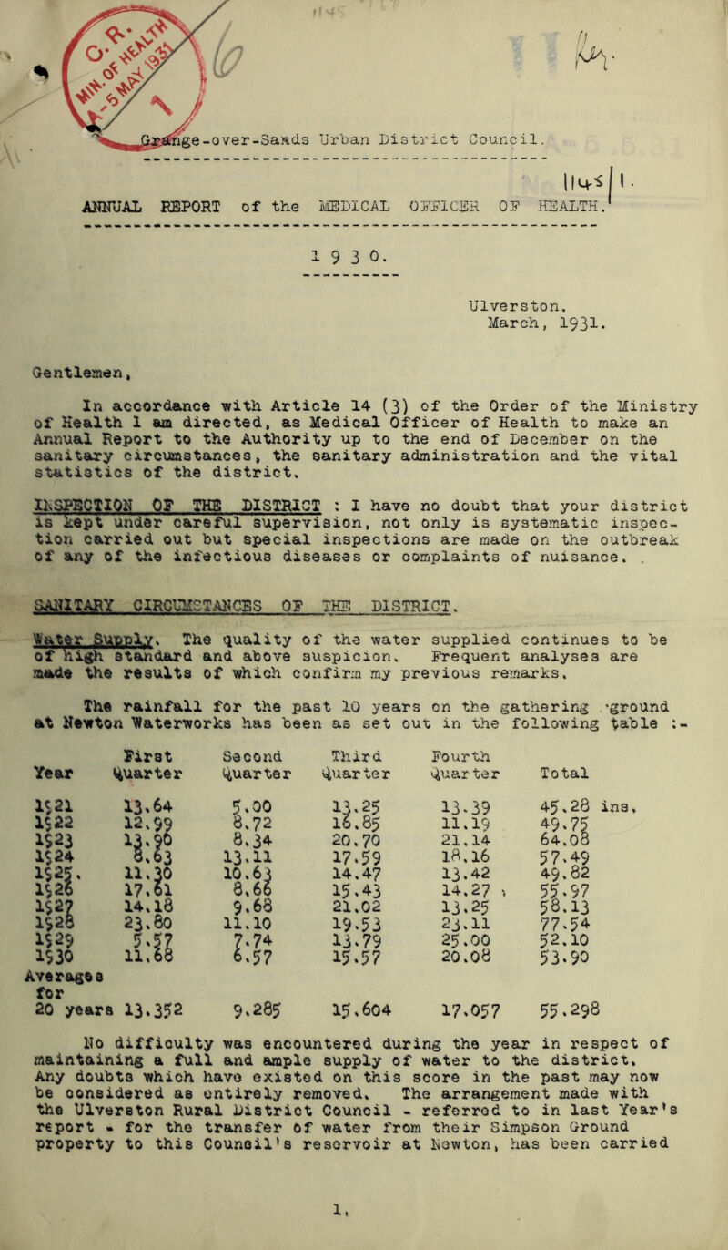 llM'S I • ANNUAL REPORT of the MEDICAL OFFICER OP HEALTH.' 1 9 3 0. Ulverston. March, 1931* Gentlemen, In accordance with Article 14 (3) of the Order of the Ministry of Health 1 am directed, as Medical Officer of Health to make an Annual Report to the Authority up to the end of December on the sanitary circumstances, the sanitary administration and the vital statistics of the district, INSPECTION OP THE DISTRICT : I have no doubt that your district is kept under careful supervision, not only is systematic inspec- tion carried out but special inspections are made on the outbreak of any of the infectious diseases or complaints of nuisance. SAittlASY CXRCQC TAN CBS OP THE DISTRICT. Water .Supply, The quality of the water supplied continues to be of nigh standard and above suspicion. Frequent analyses are made the results of which confirm my previous remarks. The rainfall for the past 10 years cn the gathering -ground at Newton Waterworks has been as set out in the following table Year First Quarter IS 21 13»64 1$22 12,99 1$23 13,90 1$24 8,63 11,30 1$26 17,61 1$2? 14,18 1928 23,80 1929 5*5? 1930 11,68 Averagos for 20 years L 13*352 Second Third Fourth quarter quarter quarter Total 5*oo 13,25 13*39 45*28 ins. 8.72 16.85 11,19 49.75 8,34 20.70 21.14 64.08 13*11 17*59 18.16 57*49 10*63 14.47 13*42 49.82 8,66 15*43 14.27 , 55.57 9,68 21,02 13*25 58.13 11,10 19*53 23.ll 77.54 7,74 13*79 25.00 52.10 6,57 15*57 20.08 53.90 9,28^ 15,604 17*057 55.298 No difficulty was encountered during the year in respect of maintaining a full and ample supply of water to the district. Any doubts which have existed on this score in the past may now be considered as entirely removed. The arrangement made with the Ulverston Rural District Council - referred to in last Year’s report ** for the transfer of water from their Simpson Ground property to this Counsil’s reservoir at Newton, has been carried 1