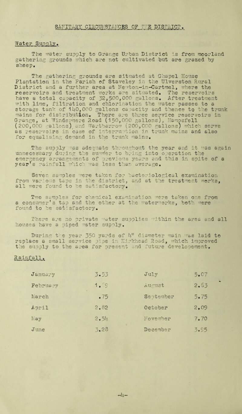 S.4FIT.^aY CI2Cm!5TAFCES OF THE DISTrUCT. Water Supply, The ’.7ater supply to G-range Urban District is from moorland gathering grounds v/hich are not cultivated hut are grazed by sheep. The .gathei'’ing grounds are situated at Chapel House Plantation in the Parish of Staveley in the Ulverston Pv.ural District and a further area at Ne'ton-in--Cartmel, vvhere the reservoirs and treatment \7orks are situated. The reservoirs have a total capacity of 32,500,000 gallons. After treatment '7ith lime, filtration and chlorination the r/ater passes to a storage tank of 114.0,000 gallons capacity and thence to the trunk mains for distribution. There are three service reservoirs in Grange, at Windermere Poad (150,000 gallons), Hampsfell (200,000 nalions)_ and Wartbarron (200,000 gallons) uhich serve as reservoirs in case of interruption in trunk mains and also for equalising demand in the trunk mains. The supply -as adequate throughout the year and it mas again unnecessary during the summer to bring into operation the emer^^ency arrangements of previon.s years and this in spits of a year^'^s rainfall mhich mas less than averoige. Seven samples rere taken for bacteriological examination from various taps in the district, and at the treatment 7/orks, all 'vere found to be satisfactory, Tmo samples for chemical examination ’’?ere taken one from a consumer's tap and the other at the mater'orks, both 'ere found to be satisfactory. There are no private '-'utsr supplies 'vithin the area and all houses have a piped 'atsr supoly. During t-^e year 350 yards of If' diameter main ''as laid to replace a small service pips in Kirkhead Hoad, '-'hich improved the si.ipply to the area for present c,nd future dsvslopement. Rainfall, J anuary 3.55 July 5.07 February 1 .S' Au^'-ust 2.53 March .75 September 5.75 April 2.82 October 2.09 May 2.5^- Fovember 7.70 June 3.28 December 3.S5