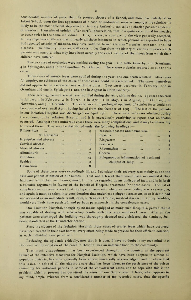 considerable number of years, that the prompt closure ot a School, and more particularly of an Infant School, upon the first appearance of a case of undoubted measles amongst the scholars, is likely to be the most efficient step which a Sanitary Authority can take to check a possible epidemic of measles. I am also of opinion, after careful observation, that it is quite exceptional for measles to occur twice in the same individual. This, I know, is contrary to the view’ generally accepted, but my experience tells me that in nearly all those instances in which persons are reported to have had repeated attacks of measles, they have suffered from “ German ” measles, rose rash, or allied diseases. The difficulty, however, still exists in deciding from the history of various illnesses which parents may narrate, what may have been actually the exact nature of the illness from which their children have suffered. Twelve cases of erysipelas were notified during the year : 2 in Little Gonerby, 4 in Grantham, 4 in Spittlegate, and 2 in the Grantham Workhouse. There were 2 deaths reported as due to this cause. Three cases of enteric fever were notified during the year, and one death resulted. After care- ful enquiry, no evidence of the cause of these cases could be ascertained. The cases themselves did not appear to be associated one with the other. Two cases occurred in February—one in Grantham and one in Spittlegate ; and one in August in Little Gonerby. I here were 43 cases of scarlet fever notified during the year, with no deaths. 19 cases occurred in January, 5 in February, 4 in March, 2 in April, 1 in May, 1 in August, 3 in October, 5 in November, and 3 in December. The extensive and prolonged epidemic of scarlet fever could not be considered over until April, having lasted from the October of 1905. The last of the patients in our Isolation Hospital was discharged on April 27th. There were 246 cases admitted during the epidemic to the Isolation Hospital, and it is exceedingly gratifying to report that no deaths occurred. Amongst these numerous cases there were many complications, and it may be interesting to record these. They may be distributed under the following headings :— Rhinorrhoea ,, ufith abscess Erysipelas and abscess •Cervical abscess Mastoid abscess Albuminuria Otorrhcea Scabies Haematuria 9 1 1 2 4 7 23 2 8 Mastoid abscess and haematuria Pyaemia Ringworm Pertussis Rheumatism Chorea Phlegmonous inflammation of neck and collapse of lung Some of these cases were exceedingly ill, and I consider their recovery was mainly due to the skill and patient attention of our nurses. That not a few of them would have succumbed if they had been left in their own homes, must, I think, be regarded as an undisputed fact, and is in itself a valuable argument in favour of the benefit of Hospital treatment for these cases. The list of complications moreover shows that the type of cases with which we were dealing was a severe one, and again it must be taken into consideration that under less stringent treatment, even if death had not occurred as an immediate result, evils, such as ear trouble, mastoid disease, or kidney troubles, would very likely have persisted, and perhaps permanently, in the convalescent cases. Our Isolation Hospital, though by no means equipped as many such Hospitals, proved that it was capable of dealing with satisfactory results with this large number of cases. After all the patients were discharged the building was thoroughly cleansed and disinfected, the blankets, &c., being disinfected at the Disinfector Station. Since the closure of the Isolation Hospital, those cases of scarlet fever which have occurred, have been treated in their own homes, every effort being made to provide for their efficient isolation, as each individual case permitted. Reviewing the epidemic critically, now that it is over, I have no doubt in my own mind that the result of the isolation of the cases in Hospital was an immense boon to the community. That much disappointment has been experienced throughout the country, at the apparent failure of the extensive measures for Hospital Isolation, which have been adopted in almost all populous districts, has now generally been almost universally acknowledged, and I believe that this is due, in spite of all the elaborate care that has been taken, to the persistence of the poison remaining for unknown periods in some of the convalescent cases, and to cope with this is the problem, which at present has outwitted the wisest of our Sanitarians. I have, what appears to my mind, ample evidence from a considerable number of my recorded cases, that the specific