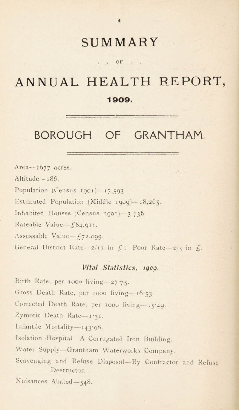 SUMMARY . . OF . . ANNUAL HEALTH REPORT 1909. BOROUGH OF GRANTHAM. Area—1677 acres. Altitude - 186. Population (Census 1901)—17-593- Estimated Population (Middle 1909)—18,265. Inhabited Houses (Census 1901) — 3,736. Rateable Value—£84,911. Assessable Value — £72,099. General District Rate—2/11 in £ ; Poor Rate—2/3 in £. Vital Statistics♦ igcg. Birth Rate, per 1000 living—27-75. Gross Death Rate, per 1000 living—16-53. Corrected Death Rate, per 1000 living-—15-49. Zymotic Death Rate—1-31. Infantile Mortality—143-98. Isolation Hospital—A Corrugated Iron Building. Water Supply—Grantham Waterworks Company, Scavenging and Refuse Disposal—By Contractor and Refuse Destructor. Nuisances Abated—548.