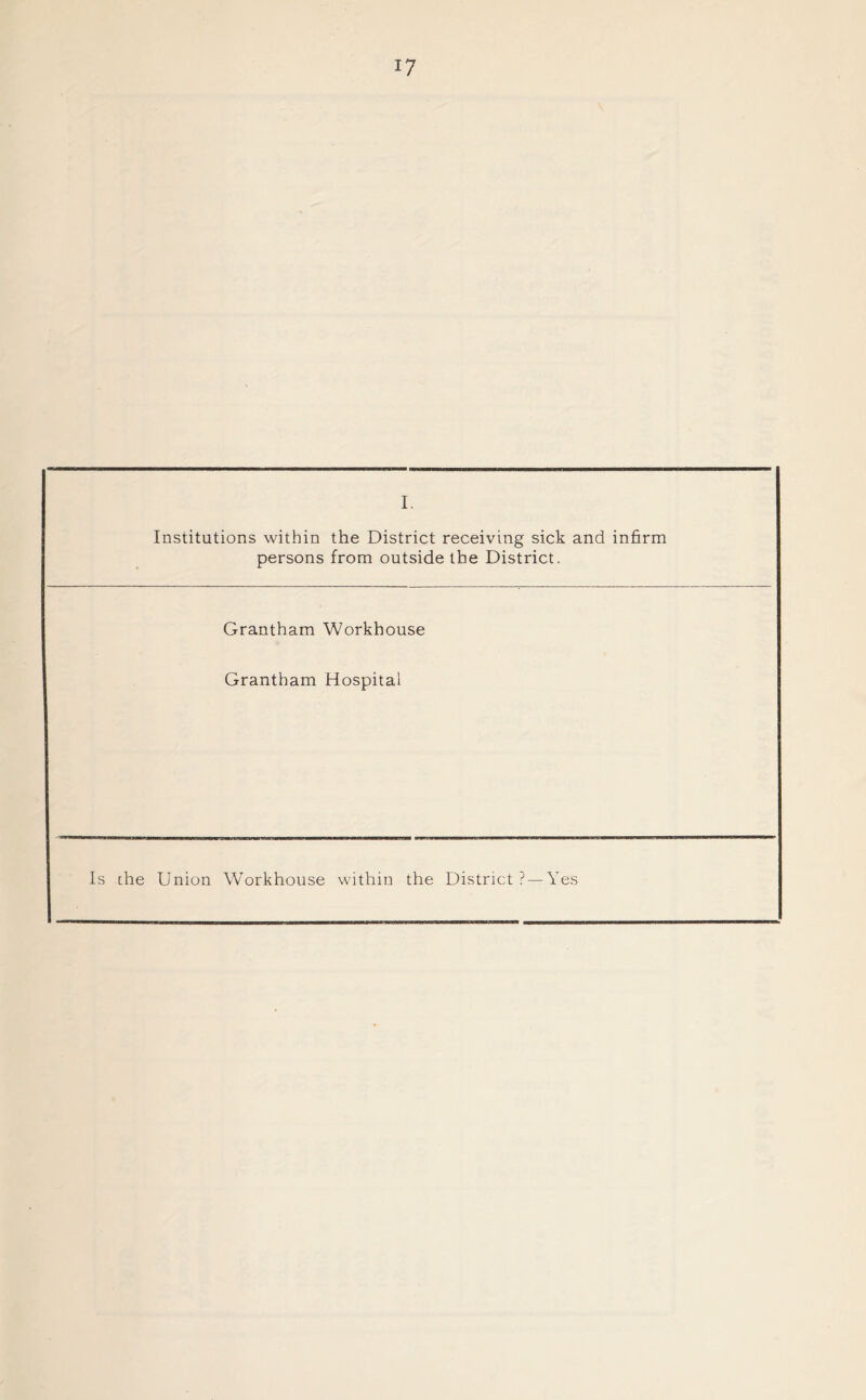 i. Institutions within the District receiving sick and infirm persons from outside the District. Grantham Workhouse Grantham Hospital Is che Union Workhouse within the District ? — Yes