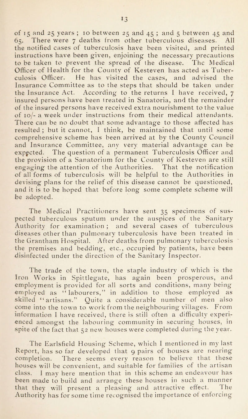 of 15 and 25 years ; 10 between 25 and 45 ; and 5 between 45 and 65. There were 7 deaths from other tuberculous diseases. All the notified cases of tuberculosis have been visited, and printed instructions have been given, enjoining the necessary precautions to be taken to prevent the spread of the disease. The Medical Officer of Health for the County of Kesteven has acted as Tuber- culosis Officer. He has visited the cases, and advised the Insurance Comnnittee as to the steps that should be taken under the Insurance Act. According to the returns I have received, 7 insured persons have been treated in Sanatoria, and the remainder of the insured persons have received extra nourishment to the value of 10/- a week under instructions from their medical attendants. There can be no doubt that some advantage to those affected has resulted ; but it cannot, I think, be maintained that until some comprehensive scheme has been arrived at by the County Council and Insurance Committee, any very material advantage can be expected. The question of a permanent Tuberculosis Officer and the provision of a Sanatorium for the County of Kesteven are still engaging the attention of the Authorities. That the notification of all forms of tuberculosis will be helpful to the Authorities in devising plans for the relief of this disease cannot be questioned, and it is to be hoped that before long some complete scheme will be adopted. The Medical Practitioners have sent 35 specimens of sus- pected tuberculous sputum under the auspices of the Sanitary Authority for examination ; and several cases of tuberculous diseases other than pulmonary tuberculosis have been treated in the Grantham Hospital. After deaths from pulmonary tuberculosis the premises and bedding, etc., occupied by patients, have been disinfected under the direction of the Sanitary Inspector. The trade of the town, the staple industry of which is the Iron Works in Spittlegate, has again been prosperous, and employment is provided for all sorts and conditions, many being employed as “ labourers,” in addition to those employed as skilled “artisans.” Quite a considerable number of men also come into the town to work from the neighbouring villages. From information I have received, there is still often a difficulty experi- enced amongst the labouring community in securing houses, in spite of the fact that 52 new houses were completed during the year. The Earlsfield Housing Scheme, which I mentioned in my last Report, has so far developed that 9 pairs of houses are nearing completion. There seems every reason to believe that these houses will be convenient, and suitable for families of the artisan class. I may here mention that in this scheme an endeavour has been made to build and arrange these houses in such a manner that they will present a pleasing and attractive effect. The Authority has for some time recognised the importance of enforcing