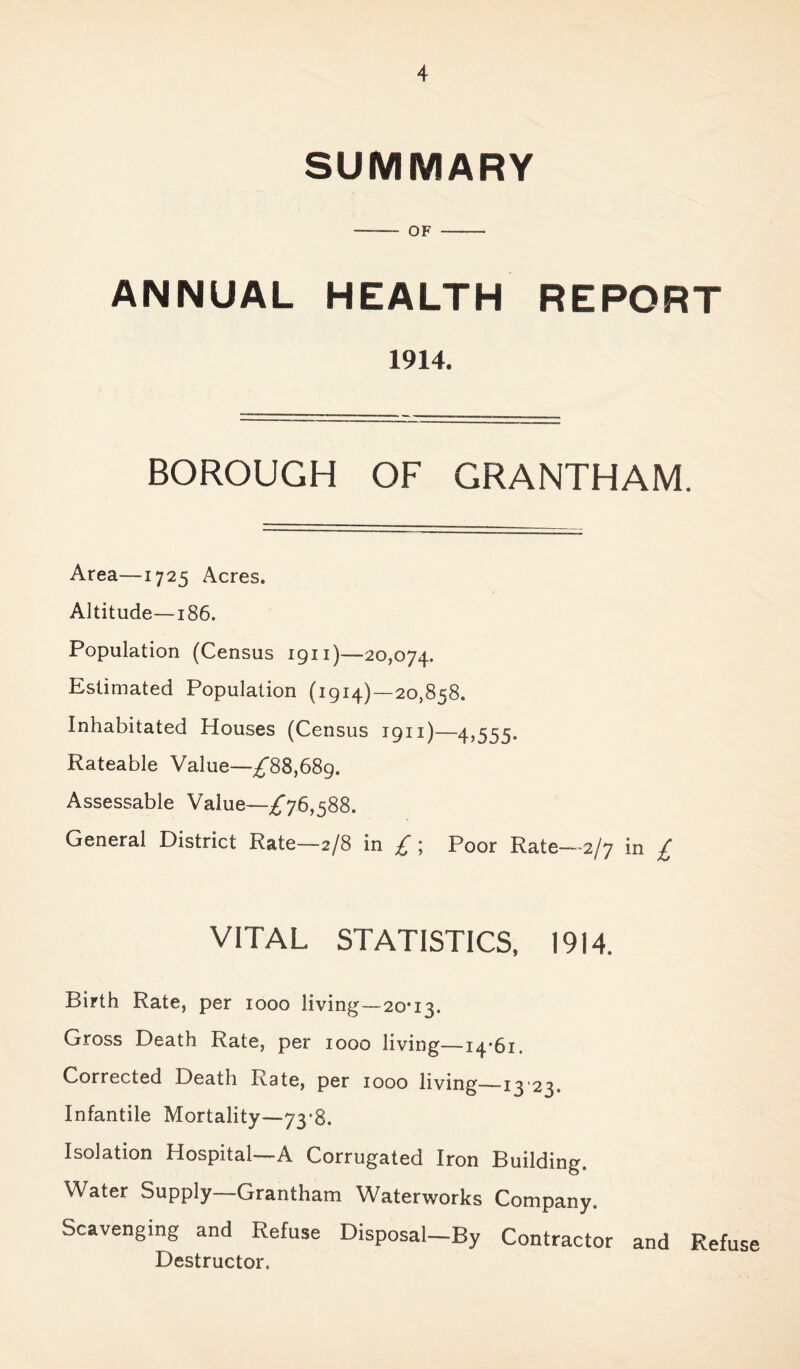 SUMMARY ANNUAL HEALTH REPORT 1914. BOROUGH OF GRANTHAM. Area—1725 Acres. Altitude—186. Population (Census 1911)—20,074. Estimated Population (1914)—20,858. Inhabitated Houses (Census 1911)—4,555. Rateable Value—^88,689. Assessable Value—^76,588. General District Rate—2/8 in £; Poor Rate—2/7 in £ VITAL STATISTICS. 1914. Birth Rate, per 1000 living—20*13. Gross Death Rate, per 1000 living—14*61. Corrected Death Rate, per 1000 living—13 23. Infantile Mortality—73*8. Isolation Hospital—A Corrugated Iron Building. Water Supply—Grantham Waterworks Company. Scavenging and Refuse Disposal—By Contractor and Refuse Destructor.