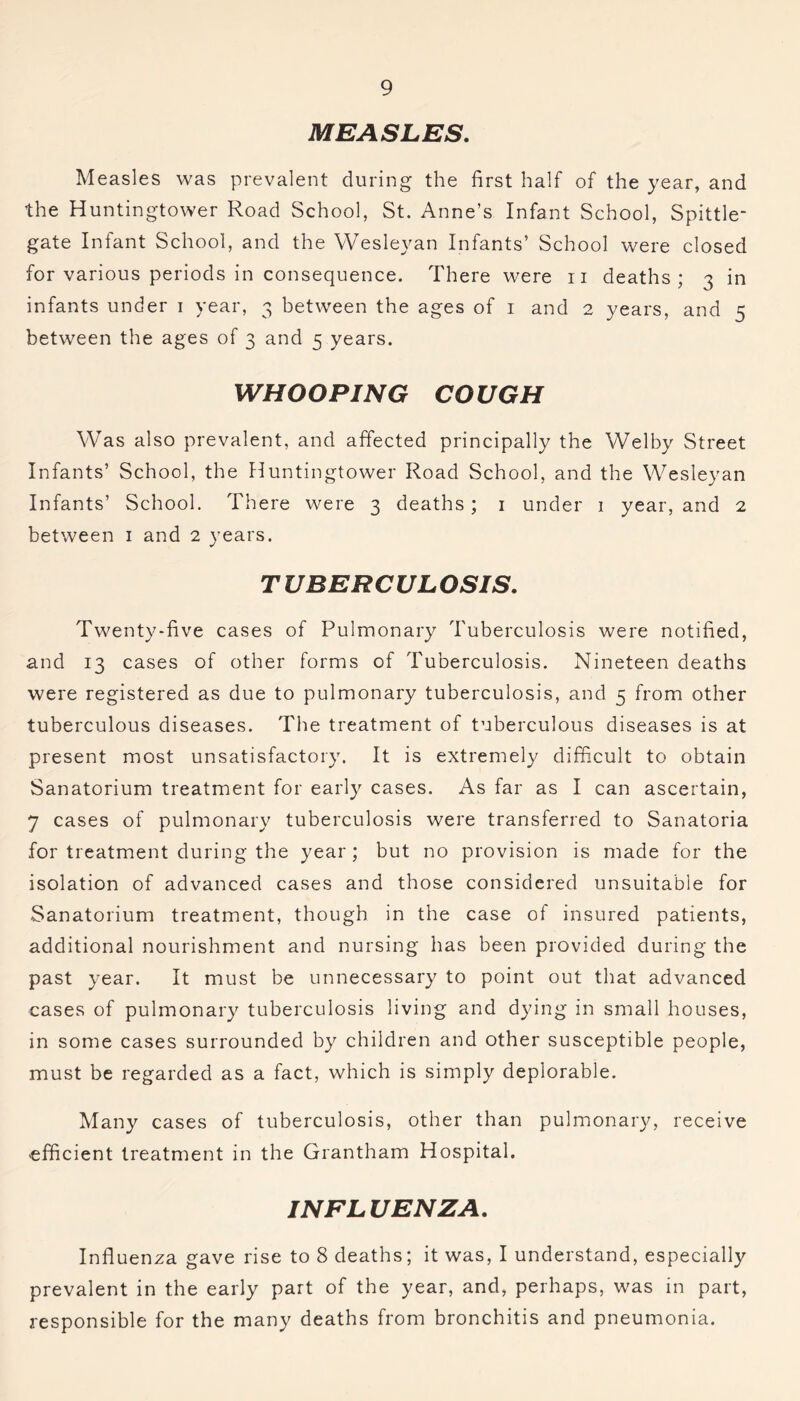 MEASLES. Measles was prevalent during the first half of the year, and the Huntingtower Road School, St. Anne’s Infant School, Spittle- gate Infant School, and the Wesleyan Infants’ School were closed for various periods in consequence. There were n deaths; 3 in infants under 1 year, 3 between the ages of 1 and 2 years, and 5 between the ages of 3 and 5 years. WHOOPING COUGH Was also prevalent, and affected principally the Welby Street Infants’ School, the Huntingtower Road School, and the Wesleyan Infants’ School. There were 3 deaths; 1 under 1 year, and 2 between 1 and 2 years. TUBERCULOSIS. Twenty-five cases of Pulmonary Tuberculosis were notified, and 13 cases of other forms of Tuberculosis. Nineteen deaths were registered as due to pulmonary tuberculosis, and 5 from other tuberculous diseases. The treatment of tuberculous diseases is at present most unsatisfactory. It is extremely difficult to obtain Sanatorium treatment for early cases. As far as I can ascertain, 7 cases of pulmonary tuberculosis were transferred to Sanatoria for treatment during the year; but no provision is made for the isolation of advanced cases and those considered unsuitable for Sanatorium treatment, though in the case of insured patients, additional nourishment and nursing has been provided during the past year. It must be unnecessary to point out that advanced cases of pulmonary tuberculosis living and dying in small houses, in some cases surrounded by children and other susceptible people, must be regarded as a fact, which is simply deplorable. Many cases of tuberculosis, other than pulmonary, receive efficient treatment in the Grantham Hospital. INFLUENZA. Influenza gave rise to 8 deaths; it was, I understand, especially prevalent in the early part of the year, and, perhaps, was in part, responsible for the many deaths from bronchitis and pneumonia.