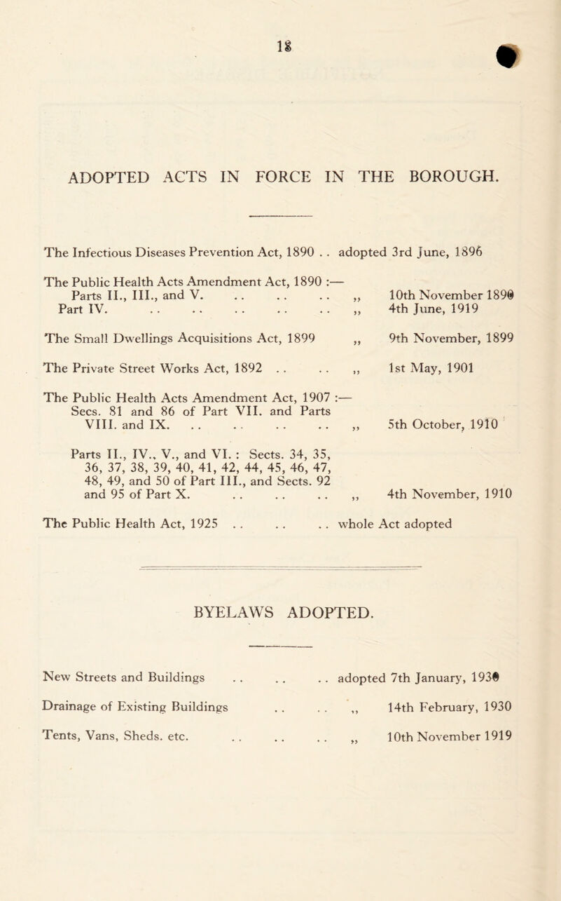 The Infectious Diseases Prevention Act, 1890 . . adopted 3rd June, 1896 The Public Health Acts Amendment Act, 1890 :— Parts II., III., and V. Part IV. 10th November 1890 4th June, 1919 The Small Dwellings Acquisitions Act, 1899 9th November, 1899 The Private Street Works Act, 1892 . . . . ,, 1st May, 1901 The Public Health Acts Amendment Act, 1907 :— Secs. 81 and 86 of Part VII. and Parts VIII. and IX. . . . . . . . . ,, 5th October, 1910 Parts II., IV.. V., and VI. : Sects. 34, 35, 36, 37, 38, 39, 40, 41, 42, 44, 45, 46, 47, 48, 49, and 50 of Part III., and Sects. 92 and 95 of Part X. . . . . .. ,, 4th November, 1910 The Public Health Act, 1925 . . . . . . whole Act adopted BYELAWS ADOPTED. New Streets and Buildings . . . . . . adopted 7th January, 193® Drainage of Existing Buildings Tents, Vans, Sheds, etc. 14th February, 1930 10th November 1919