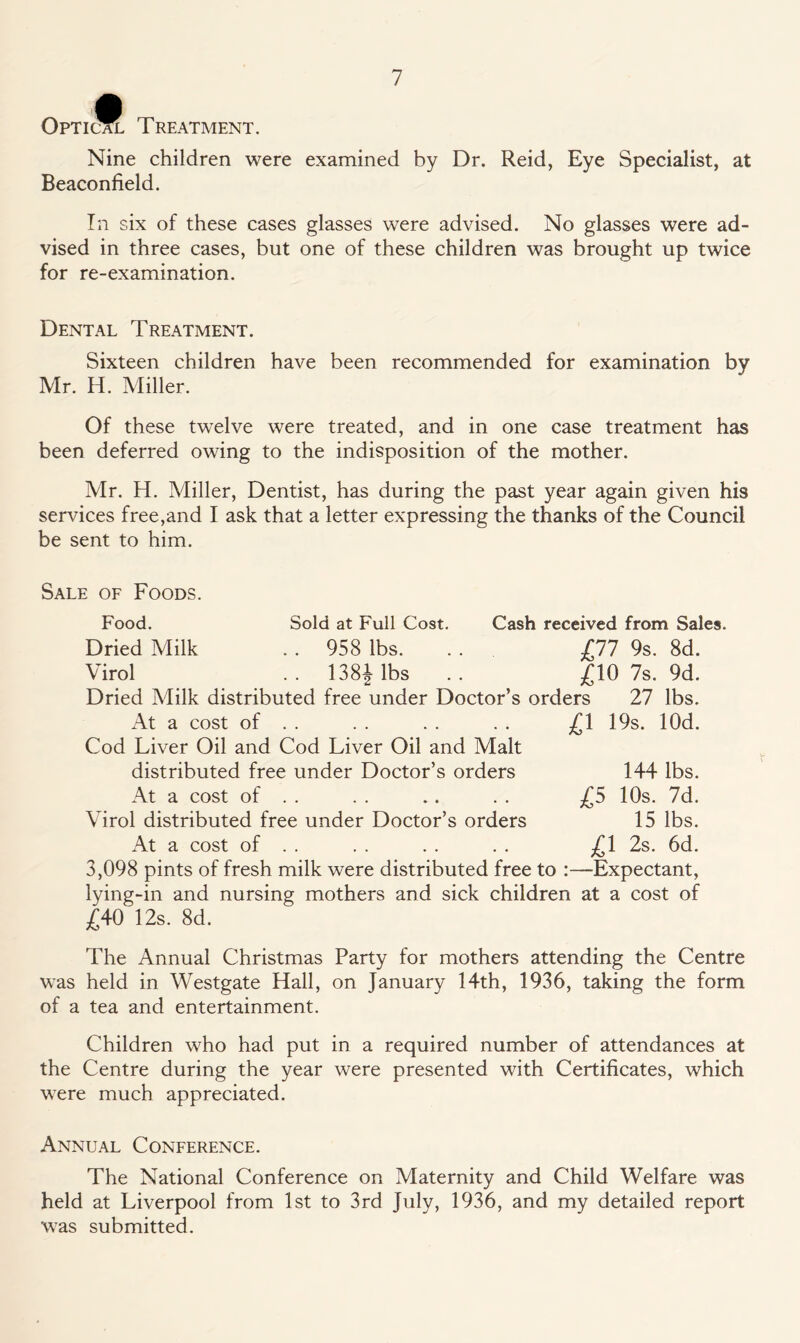 Optical Treatment. Nine children were examined by Dr. Reid, Eye Specialist, at Beaconfield. In six of these cases glasses were advised. No glasses were ad- vised in three cases, but one of these children was brought up twice for re-examination. Dental Treatment. Sixteen children have been recommended for examination by Mr. H. Miller. Of these twelve were treated, and in one case treatment has been deferred owing to the indisposition of the mother. Mr. H. Miller, Dentist, has during the past year again given his services free,and I ask that a letter expressing the thanks of the Council be sent to him. Sale of Foods. Food. Sold at Full Cost. Cash received from Sales. Dried Milk . . 958 lbs. . . £77 9s. 8d. Virol .. 138Jibs .. £10 7s. 9d. Dried Milk distributed free under Doctor’s orders 27 lbs. At a cost of . . . . . . . . £1 19s. lOd. Cod Liver Oil and Cod Liver Oil and Malt distributed free under Doctor’s orders At a cost of . . Virol distributed free under Doctor’s orders At a cost of . . 3,098 pints of fresh milk were distributed free to :—Expectant, lying-in and nursing mothers and sick children at a cost of £40 12s. 8d. 144 lbs. £5 10s. 7d. 15 lbs. £1 2s. 6d. The Annual Christmas Party for mothers attending the Centre was held in Westgate Hall, on January 14th, 1936, taking the form of a tea and entertainment. Children who had put in a required number of attendances at the Centre during the year were presented with Certificates, which were much appreciated. Annual Conference. The National Conference on Maternity and Child Welfare was held at Liverpool from 1st to 3rd July, 1936, and my detailed report was submitted.