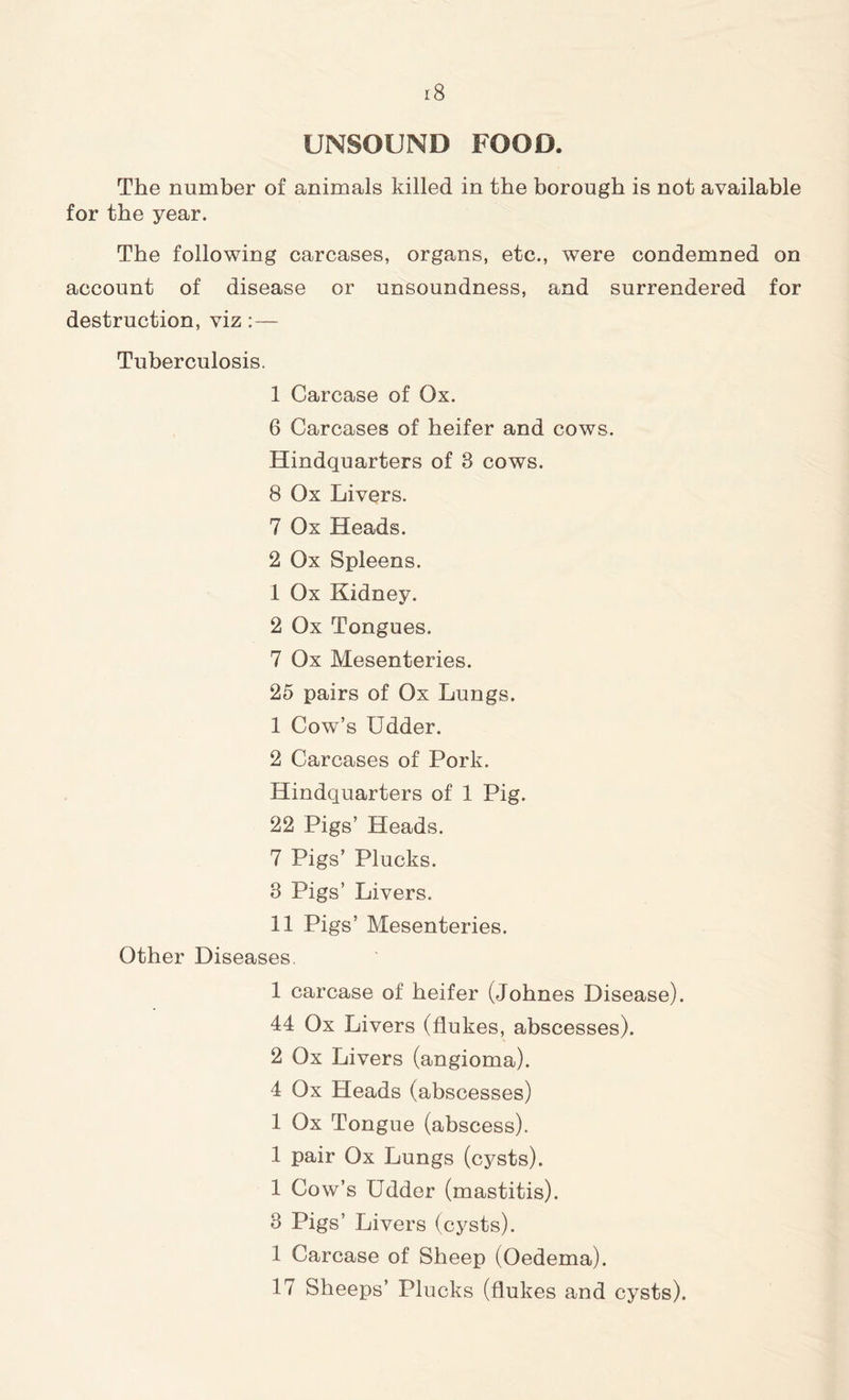 r8 UNSOUND FOOD. The number of animals killed in the borough is not available for the year. The following carcases, organs, etc., were condemned on account of disease or unsoundness, and surrendered for destruction, viz:— Tuberculosis. 1 Carcase of Ox. 6 Carcases of heifer and cows. Hindquarters of 8 cows. 8 Ox Livers. 7 Ox Heads. 2 Ox Spleens. 1 Ox Kidney. 2 Ox Tongues. 7 Ox Mesenteries. 25 pairs of Ox Lungs. 1 Cow’s Udder. 2 Carcases of Pork. Hindquarters of 1 Pig. 22 Pigs’ Heads. 7 Pigs’ Plucks. 3 Pigs’ Livers. 11 Pigs’ Mesenteries. Other Diseases. 1 carcase of heifer (Johnes Disease). 44 Ox Livers (flukes, abscesses). 2 Ox Livers (angioma). 4 Ox Heads (abscesses) 1 Ox Tongue (abscess). 1 pair Ox Lungs (cysts). 1 Cow’s Udder (mastitis). 3 Pigs’ Livers (cysts). 1 Carcase of Sheep (Oedema). 17 Sheeps’ Plucks (flukes and cysts).