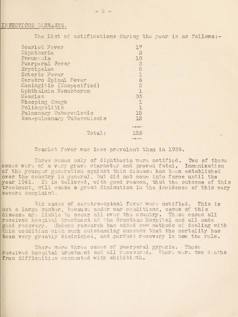 3 - INFECTIOUS DISEASES The list of notifications during the year is as follows CO t/ rTpiT PT* -L s_/ v --V J- Scarlet Fever Diphtheria Pneumonia Puerperal Erysipelas Enteric Fever Cerebro Spinal. Fever Meningitis (Unspecified) Ophthalmia Nennatorum Measles Whooping Cough Poll omyelitis Pulmonary Tuberculo sis Non-pulmonary Tuberculo si s Total: 17 3 18 3 8 1 6 E 1 35 1 1 15 12 IE 3 Scarlet fever was less prevalent than in 1939 Three cases only of diphtheria were notified. Two of these cases wore of a very grave character and. proved fatal. Immunisation of the younger generation against this disease has been established over the country in general, but did not come into force until the year 1941. It is believed, with good reason, that the outcome of this treatment, will cause a great diminution in the incidence of this very severe complaint. Six cases of cerebro-sp&nal fever were notified. This is not a large number, because under war conditions, cases of this disease are liable to occur all over the country. These cases all received ho s pital treatment at the Grantham Hospital and all made good recovery. Modern research has added new methods of dealing with this condition with such outstanding success that the mortality has been very greatly diminished, and ,perfect recovery is now the rule. There were three cases of puerperal pyrexia. These ^ -4 4- P -P -i/n P- TiOt o 1 *1 /O s-\ t r *>, va . > /^1 ^ P Ui e t7. t 'n r ec e iv e d ho s pit al from difficulties treatment and all recover-)! c o nn esc t q d wi th ch i 1 d bi rth ihero were two deaths