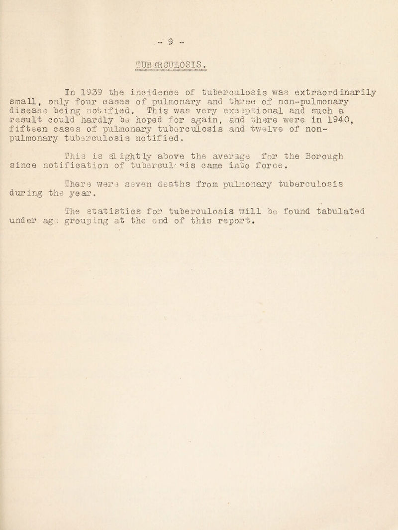 9 TUBERCULOSIS In 1939 the incidence of tuberculosis was extraordinarily small, only four cases of pulmonary and three of non~pulmonary disease Being notified. This was very exceptional and such a result could hardly he hoped for again, and there were in 1940, fifteen cases of pulmonary tuberculosis and twelve of non- pulmonary tuberculosis notified„ This is slightly above the average since notification of tubercul- ^is came into rorce or the Borough during the under ago rp e W8P' seven deaths from pulmonary ye ar « The statistics for tuberculosis will be grouping at the end of this report. tuberculosis fo und t abulat e d