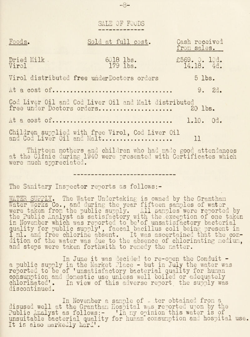 -8- SALE OF FOODS Foods, Sold at full cost. Cash received iron sales. Dried Milk . 6018 lbs. £569. 0. 10d. Virol 179 lbs. 14.18. 4d. Virol distributed free underDoctors orders 5 lbs. At a cost of 9. 2d. Cod Liver Oil and Cod Liver Oil and Malt distributed free under Doctors orders 20 lbs. At a cost of 1.10. Od. Children supplied with free Virol, Cod Liver Oil and Cod Liver Oil and Malt 11 Thirteen mothers and children who at the Clinic during 1940 were present were much appreciate had made good attendances with Certificates which O L.i O at • The Sanitary Inspector reports as follows WATER SUPPLY. The Water Undertaking is owned by the Grantham Water Works Co., and during the year fifteen samples of water were taken from the public supply. All sampleswere reported by the Public Analyst as satisfactory with the exception of'one taken in November which was reported to be’of unsatisfactory bacterial quality for public supply', faecal bacillus coli being present in 1ml. and free chlorine absent. It was ascertained that the con- dition of the water was due to the absence of chlorinating medium and steps were taken forthwith to remedy the matt er In June it was decided to re-open the Conduit - a public supply in the Market Place - but in July the water was reported to be of 'unsatisfactory bacterial quality for human consumption and domestic use unless well boiled or -adequately chlorinated' discontinued In view of this adverse report the supply was In November a sample of .ter obtained from a disused well at the Grantham Hospital was_reported upon by the Public Analyst as follows:- 'In ny opinion this water is qf unsuitable bacterial quality for human*consumption and hospital use. It is also markedly hard'.