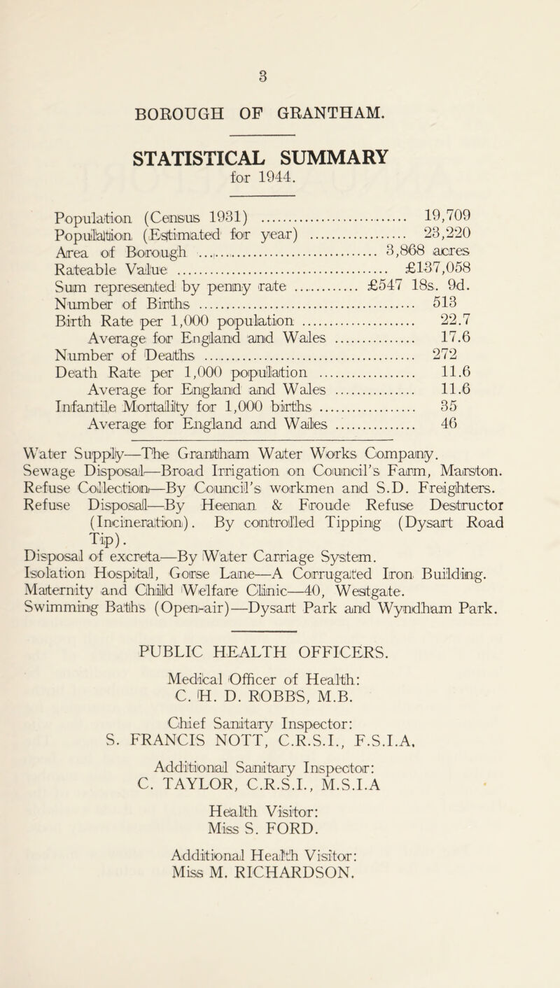 BOROUGH OF GRANTHAM. STATISTICAL SUMMARY for 1944. Population (Census 1931) 19,709 Population (Estimated for year) 23,220 Area of Borough 3,868 acres Rateable Value £137,058 Sum represented by penny rate £547 18s. 9d. Number of Births 513 Birth Rate per 1,000 population 22.7 Average for England and Wales 17.6 Number of Healths 272 Death Rate per 1,000 population 11.6 Average for England and Wales 11.6 Infantile Mortality for 1,000 births 35 Average for England and Wales 46 Water Supply—The Grantham Water Works Company. Sewage Disposal—Broad Irrigation on Council's Farm, Mansion. Refuse Collection—By Council's workmen and S.D. Freighters. Refuse Disposal—By Heenian & Froude Refuse Destructor (Incineration). By controlled Tipping (Dysart Road Tip). Disposal of excreta—By Water Carriage System. Isolation Hospital, Goirse Lane—A Corrugated Iron Building. Maternity and Child Welfare Clinic—40, West gate. Swimming Baths (Open-air)—Dysart Park and Wyndham Park. PUBLIC HEALTH OFFICERS. Medical Officer of Health: C. H. D. ROBBS, M.B. Chief Sanitary Inspector: S. FRANCIS NOTT, C.R.S.I., F.S.I.A, Additional Sanitary Inspector: C. TAYLOR, C.R.S.I., M.S.I.A Health Visitor: Miss S. FORD. Additional Health Visitor: Miss M. RICHARDSON.