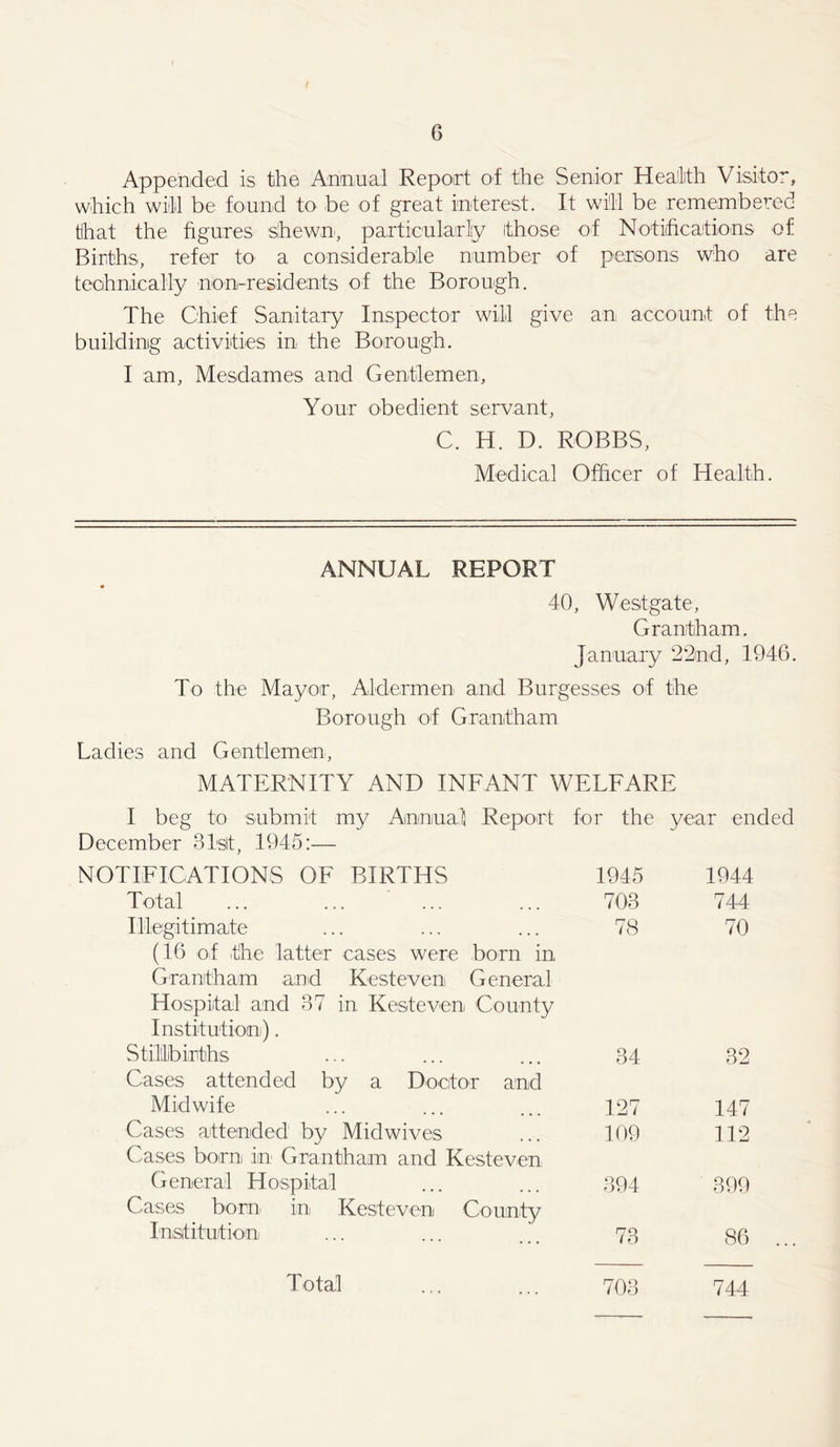 / 6 Appended is the Annual Report of the Senior Health Visitor, which will be found to be of great interest. It will be remembered that the figures shewn, particularly those of Notifications of Births, refer to a considerable number of persons who are technically non-residents of the Borough. The Chief Sanitary Inspector will give an account of the building activities in the Borough. I am, Mesdames and Gentlemen, Your obedient servant, C. H. D. ROBBS, Medical Officer of Health. ANNUAL REPORT 40, Westgate, Grantham. January 22nd, 1946. To the Mayor, Aldermen and Burgesses of the Borough of Grantham Ladies and Gentlemen, MATERNITY AND INFANT WELFARE I beg to submit my Annual Report for the year ended December 31st, 1945:— NOTIFICATIONS OF BIRTHS 1945 1944 Total 703 744 Illegitimate 78 70 (16 of the latter cases were born in Grantham and Kesteven General Hospital and 37 in Kesteven County Institution). Stillbirths 34 32 Cases attended by a Doctor and Midwife 127 147 Cases attended by Midwives 109 112 Cases born, in Grantham and Kesteven General Hospital 394 399 Cases born in Kesteven County Institution 73 86 ... Total 703 744