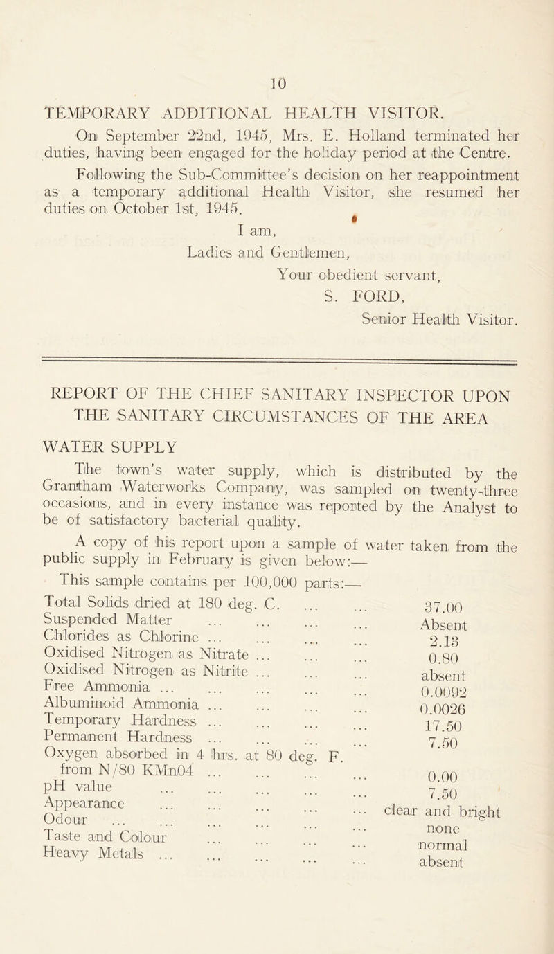TEMPORARY ADDITIONAL HEALTH VISITOR. Oid September 2!2nd, 1945, Mrs. E. Holland terminated her duties, having been engaged for the holiday period at the Centre. Following the Sub-Committee’s decision on her reappointment as a temporary additional Health Visitor, she resumed her duties on October 1st, 1945. I am, Ladies and Gentlemen, Your obedient servant, S. FORD, Senior Health Visitor. REPORT OF THE CHIEF SANITARY INSPECTOR UPON THE SANITARY CIRCUMSTANCES OF THE AREA WATER SUPPLY The town’s water supply, which is distributed by the Grantham Waterworks Company, was sampled on twenty-three occasions, and in every instance was reported by the Analyst to be of satisfactory bacterial quality. A copy of his report upon a sample of water taken from the public supply in February is given below:— This sample contains per 100,000 parts: Total Solids dried at 180 deg. C. Suspended Matter Chlorides as Chlorine ... Oxidised Nitrogen as Nitrate ... Oxidised Nitrogen as Nitrite ... Free Ammonia ... Albuminoid Ammonia Temporary Hardness Permanent Hardness Oxygen absorbed in 4 from N/80 KM;n04 pH value Appearance Odour hrs. at 80 deg Taste and Colour Heavy Metals .. 87.00 Absent 2.13 0.80 absent 0.0092 0.0026 17.50 7.50 0.00 7.50 clear and bright none normal absent