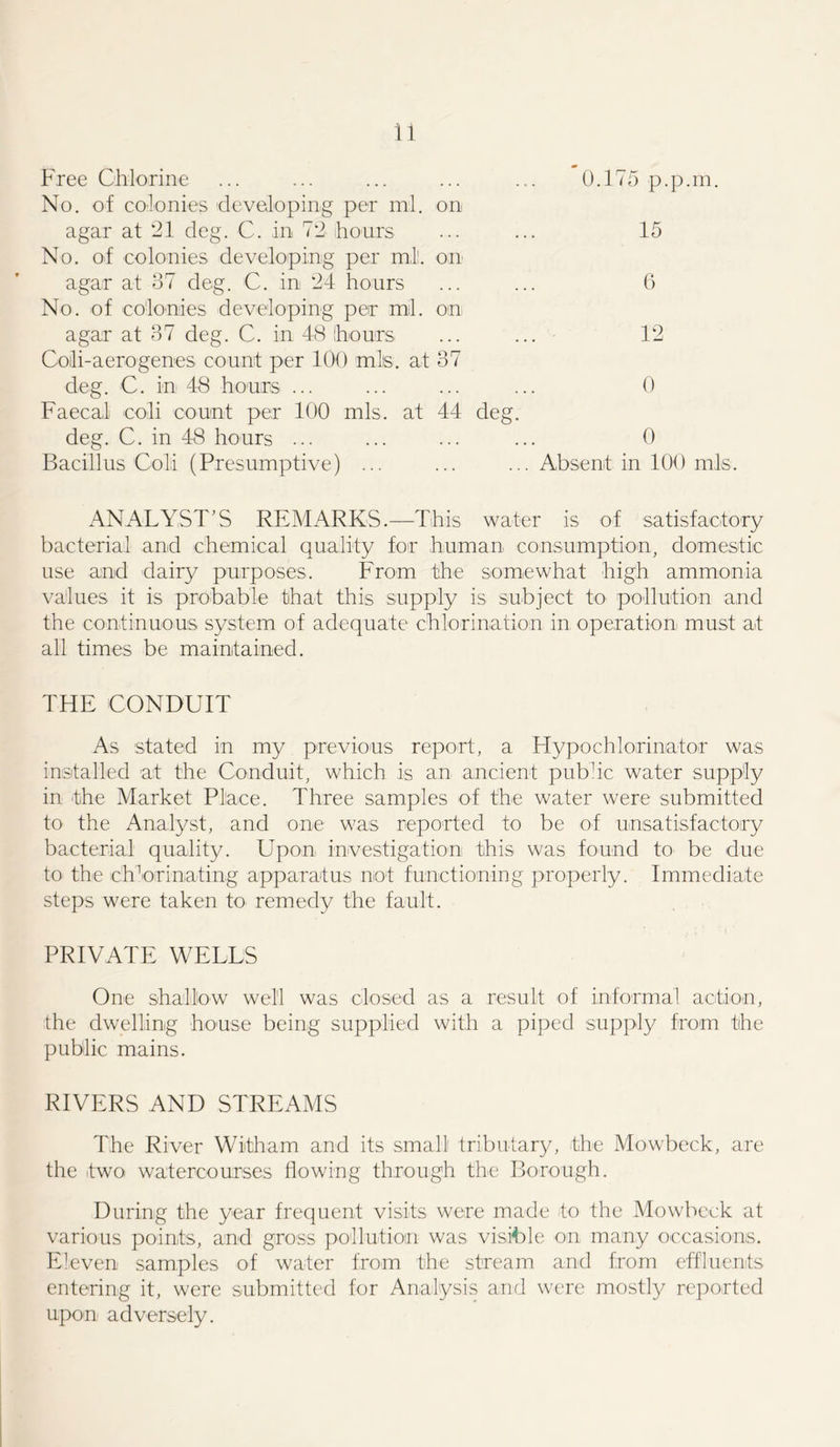 Free Chlorine No. of colonies 'developing per ml. on 0.175 p.p.m. agar at ‘21 deg. C. in 72 hours No. of colonies developing per mil. on 15 agar at 37 deg. C. in 24 hours No. of colonies developing per ml. on 6 agar at 37 deg. C. in 48 hours Coili-aerogenes count per 100 mb. at 37 12 deg. C. in 48 hours ... Faecal coli count per 100 mis. at 44 deg. 0 deg. C. in 48 hours ... 0 Bacillus Coli (Presumptive) ... ... . . . Absent in 100 mis ANALYST’S REMARKS.—This water is of satisfactory bacterial and chemical quality for human consumption, domestic use and dairy purposes. From the somewhat high ammonia values it is probable that this supply is subject to pollution and the continuous system of adequate chlorination in operation must at all times be maintained. THE CONDUIT As stated in my previous report, a Hypochlorinator was installed at the Conduit, which is an ancient pubhc water supply in the Market Place. Three samples of the water were submitted to the Analyst, and one was reported to be of unsatisfactory bacterial quality. Upon investigation this was found to be due to the chlorinating apparatus not functioning properly. Immediate steps were taken to remedy the fault. PRIVATE WELLS One shallow well was closed as a result of informal action, the dwelling house being supplied with a piped supply from the public mains. RIVERS AND STREAMS The River Witham and its small tributary, the Mowbeck, are the two watercourses flowing through the Borough. During the year frequent visits were made to the Mowbeck at various points, and gross pollution was visible on many occasions. Eleven samples of water from the stream and from effluents entering it, were submitted for Analysis and were mostly reported upon adversely.
