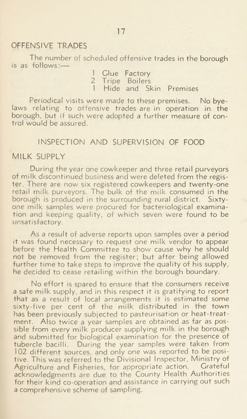 OFFENSIVE TRADES The n umber of scheduled offensive trades in the borough is as follows:— 1 Clue Factory 2 Tripe Boilers 1 Hide and Skin Premises Periodical visits were made to these premises. No bye- laws relating to offensive trades are in operation in the borough, but if such were adopted a further measure of con- trol would be assured. INSPECTION AND SUPERVISION OF FOOD MILK SUPPLY During the year one cowkeeper and three retail purveyors of miik discontinued business and were deleted from the regis- ter. There are now six registered cowkeepers and twenty-one retail milk purveyors. The bulk of the milk consumed in the borough is produced in the surrounding rural district. Sixty- one milk samples were procured for bacteriological examina- tion and keeping quality, of which seven were found to be unsatisfactory. As a result of adverse reports upon samples over a period it was found necessary to request one milk vendor to appear before the Health Committee to show cause why he should not be removed from the register; but after being allowed further time to take steps to improve the quality of his supply, he decided to cease retailing within the borough boundary. No effort is spared to ensure that the consumers receive a safe milk supply, and in this respect it is gratifying to report that as a result of local arrangements it is estimated some sixty-five per cent of the milk distributed in the town has been previously subjected to pasteurisation or heat-treat- ment. Also twice a year samples are obtained as far as pos- sible from every milk producer supplying milk in the borough and submitted for biological examination for the presence of tubercle bacilli. During the year samples were taken from 102 different sources, and only one was reported to be posi- tive. This was referred to the Divisional Inspector, Ministry of Agriculture and Fisheries, for appropriate action. Crateful acknowledgments are due to the County Health Authorities for their kind co-operation and assistance in carrying out such a comprehensive scheme of sampling.