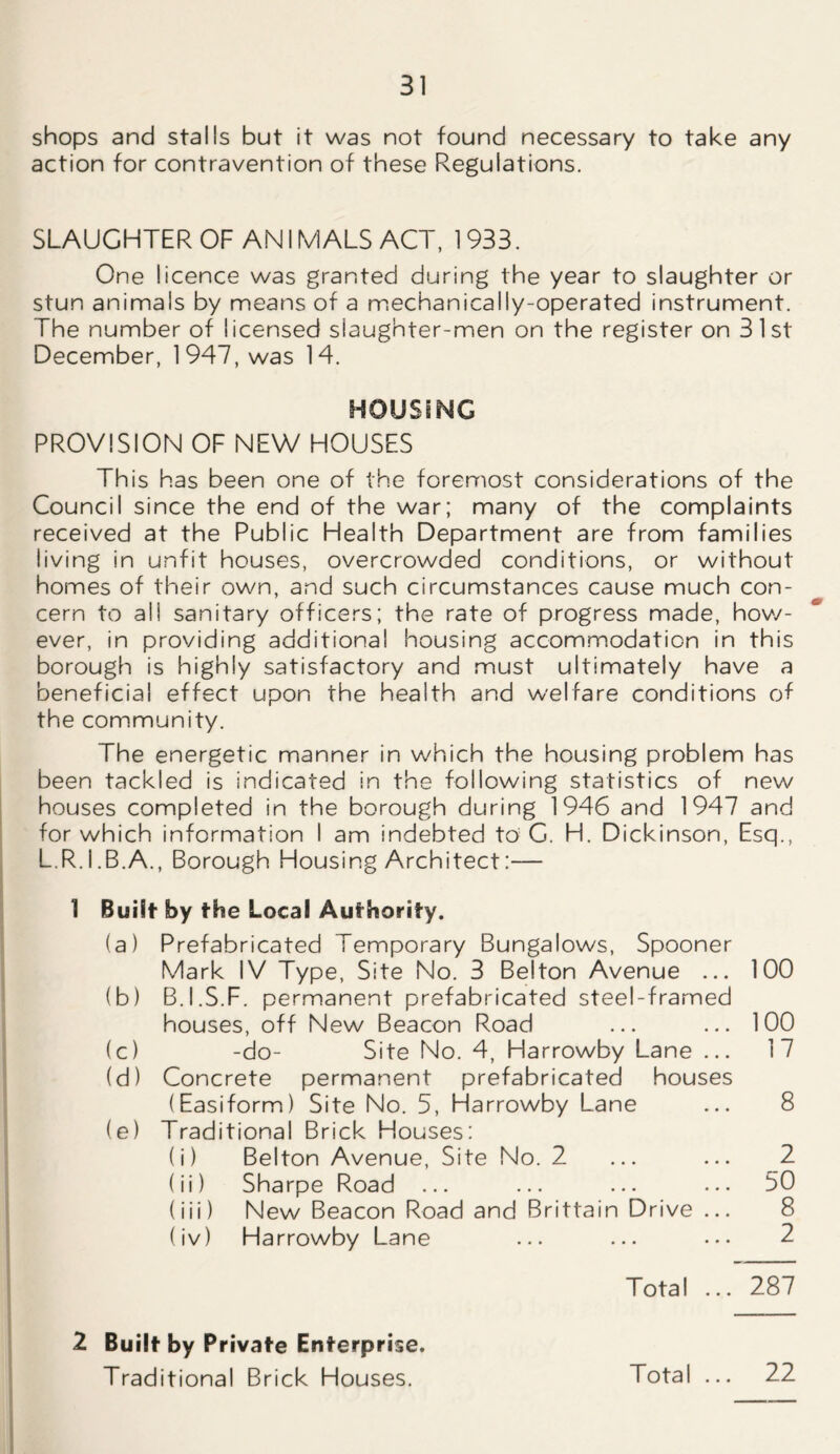 shops and stalls but it was not found necessary to take any action for contravention of these Regulations. SLAUGHTER OF ANIMALS ACT, 1933. One licence was granted during the year to slaughter or stun animals by means of a mechanically-operated instrument. The number of Iicensed slaughter-men on the register on 3 1 st December, 1947, was 14. HOUSING PROVISION OF NEW HOUSES This has been one of the foremost considerations of the Council since the end of the war; many of the complaints received at the Public Health Department are from families living in unfit houses, overcrowded conditions, or without homes of their own, and such circumstances cause much con- cern to all sanitary officers; the rate of progress made, how- ever, in providing additional housing accommodation in this borough is highly satisfactory and must ultimately have a beneficial effect upon the health and welfare conditions of the community. The energetic manner in which the housing problem has been tackled is indicated in the following statistics of new houses completed in the borough during 1946 and 1947 and for which information I am indebted to G. H. Dickinson, Esq., L.R.I.B.A., Borough Housing Architect:— 1 Built by the Local Authority. (a) Prefabricated Temporary Bungalows, Spooner Mark IV Type, Site No. 3 Belton Avenue ... 100 (b) B.I.S.F. permanent prefabricated steel-framed houses, off New Beacon Road ... ... 100 (c) -do- Site No. 4, Harrowby Lane ... 17 (d) Concrete permanent prefabricated houses (Easiform) Site No. 5, Harrowby Lane ... 8 (e) Traditional Brick Houses: (i) Belton Avenue, Site No. 2 ... ... 2 (ii) Sharpe Road ... ... ... ... 50 (iii) New Beacon Road and Brittain Drive ... 8 (iv) Harrowby Lane ... ... ••• 2 Total ... 287 2 Built by Private Enterprise. Traditional Brick Houses. Total ... 22