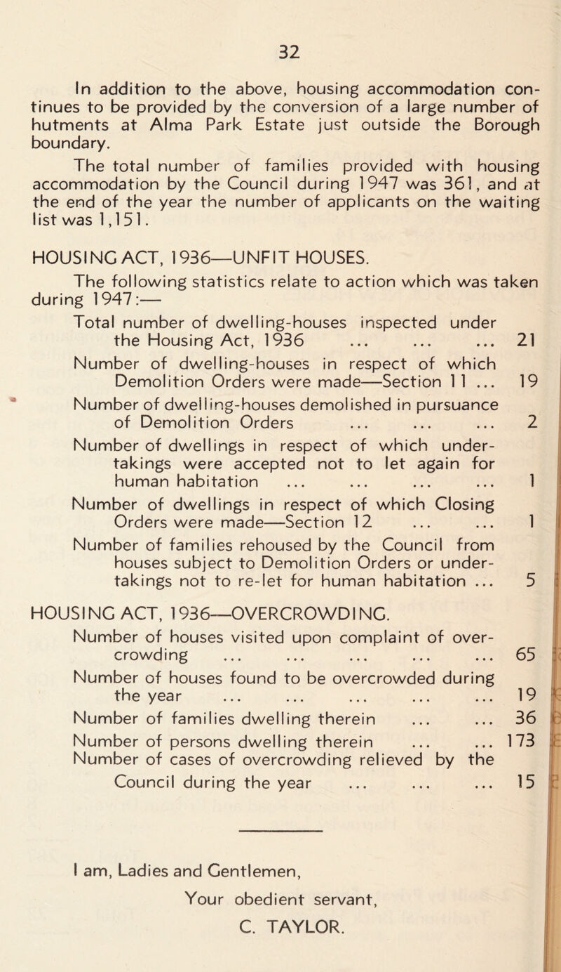 In addition to the above, housing accommodation con- tinues to be provided by the conversion of a large number of hutments at Alma Park Estate just outside the Borough boundary. The total number of families provided with housing accommodation by the Council during 1947 was 361, and at the end of the year the number of applicants on the waiting list was 1,151. HOUSING ACT, 1936—UNFIT HOUSES. The following statistics relate to action which was taken during 1947:— Total number of dwelling-houses inspected under the Housing Act, 1936 ... ... ... 21 Number of dwelling-houses in respect of which Demolition Orders were made—Section 11 ... 19 Number of dweiiing-houses demolished in pursuance of Demolition Orders ... ... ... 2 Number of dwellings in respect of which under- takings were accepted not to let again for human habitation ... ... ... ... 1 Number of dwellings in respect of which Closing Orders were made—Section 12 ... ... 1 Number of families rehoused by the Council from houses subject to Demolition Orders or under- takings not to re-let for human habitation ... 5 HOUSING ACT, 1936—OVERCROWD ING. Number of houses visited upon complaint of over- crowding Number of houses found to be overcrowded during the year Number of families dwelling therein Number of persons dwelling therein Number of cases of overcrowding relieved by the Council during the year 65 19 36 173 15 I am, Ladies and Gentlemen, Your obedient servant, C. TAYLOR.