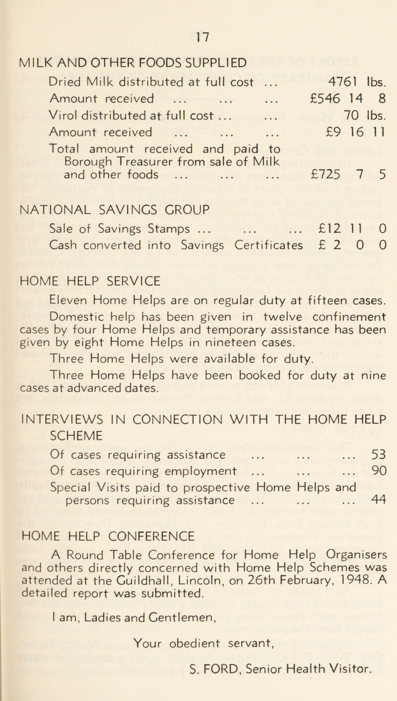 MILK AND OTHER FOODS SUPPLIED Dried Milk distributed at full cost ... Amount received Virol distributed at full cost ... Amount received Total amount received and paid to Borough Treasurer from sale of Milk and other foods 4761 lbs. £546 14 8 70 lbs. £9 16 11 £725 7 5 NATIONAL SAVINGS GROUP Sale of Savings Stamps ... ... ... £12 11 0 Cash converted into Savings Certificates £200 HOME HELP SERVICE Eleven Home Helps are on regular duty at fifteen cases. Domestic help has been given in twelve confinement cases by four Home Helps and temporary assistance has been given by eight Home Helps in nineteen cases. Three Home Helps were available for duty. Three Home Helps have been booked for duty at nine cases at advanced dates. INTERVIEWS IN CONNECTION WITH THE HOME HELP SCHEME Of cases requiring assistance ... ... ... 53 Of cases requiring employment ... ... ... 90 Special Visits paid to prospective Home Helps and persons requiring assistance ... ... ... 44 HOME HELP CONFERENCE A Round Table Conference for Home Help Organisers and others directly concerned with Home Help Schemes was attended at the Guildhall, Lincoln, on 26th February, 1948. A detailed report was submitted. I am, Ladies and Gentlemen, Your obedient servant, S. FORD, Senior Health Visitor.