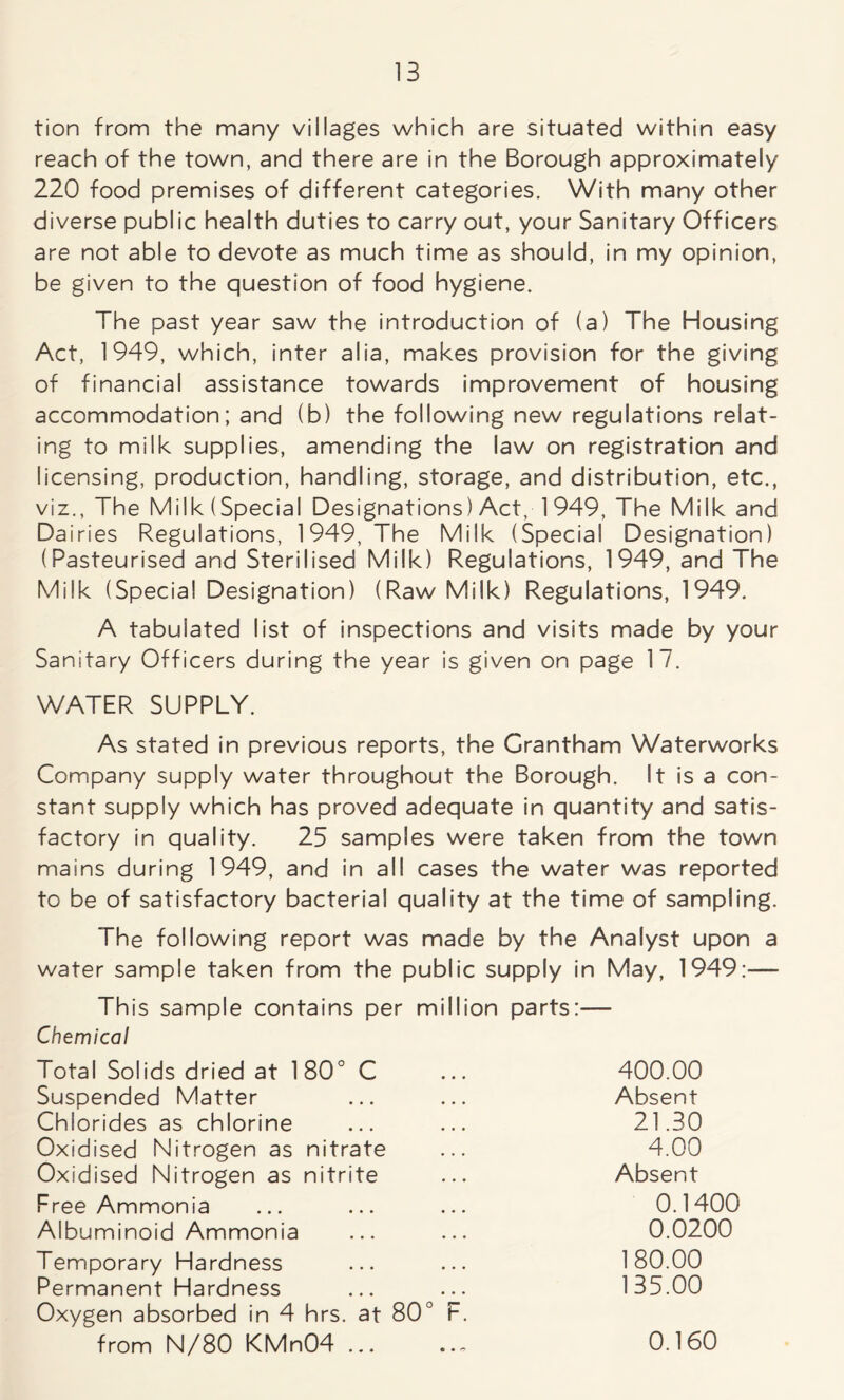 tion from the many villages which are situated within easy reach of the town, and there are in the Borough approximately 220 food premises of different categories. With many other diverse public health duties to carry out, your Sanitary Officers are not able to devote as much time as should, in my opinion, be given to the question of food hygiene. The past year saw the introduction of (a) The Housing Act, 1949, which, inter alia, makes provision for the giving of financial assistance towards improvement of housing accommodation; and (b) the following new regulations relat- ing to milk supplies, amending the law on registration and licensing, production, handling, storage, and distribution, etc., viz., The Milk (Special Designations) Act, 1 949, The Milk and Dairies Regulations, 1949, The Milk (Special Designation) (Pasteurised and Sterilised Milk) Regulations, 1949, and The Milk (Special Designation) (Raw Milk) Regulations, 1949. A tabulated list of inspections and visits made by your Sanitary Officers during the year is given on page 17. WATER SUPPLY. As stated in previous reports, the Grantham Waterworks Company supply water throughout the Borough. It is a con- stant supply which has proved adequate in quantity and satis- factory in quality. 25 samples were taken from the town mains during 1949, and in all cases the water was reported to be of satisfactory bacterial quality at the time of sampling. The following report was made by the Analyst upon a water sample taken from the public supply in May, 1949:— This sample contains per million parts:— Chemical Total Solids dried at 180° C ... 400.00 Suspended Matter ... ... Absent Chlorides as chlorine ... ... 21.30 Oxidised Nitrogen as nitrate ... 4.00 Oxidised Nitrogen as nitrite ... Absent Free Ammonia ... ... ... 0.1400 Albuminoid Ammonia ... ... 0.0200 Temporary Hardness ... ... 180.00 Permanent Hardness ... ... 135.00 Oxygen absorbed in 4 hrs. at 80° F. from N/80 KMn04 0.160