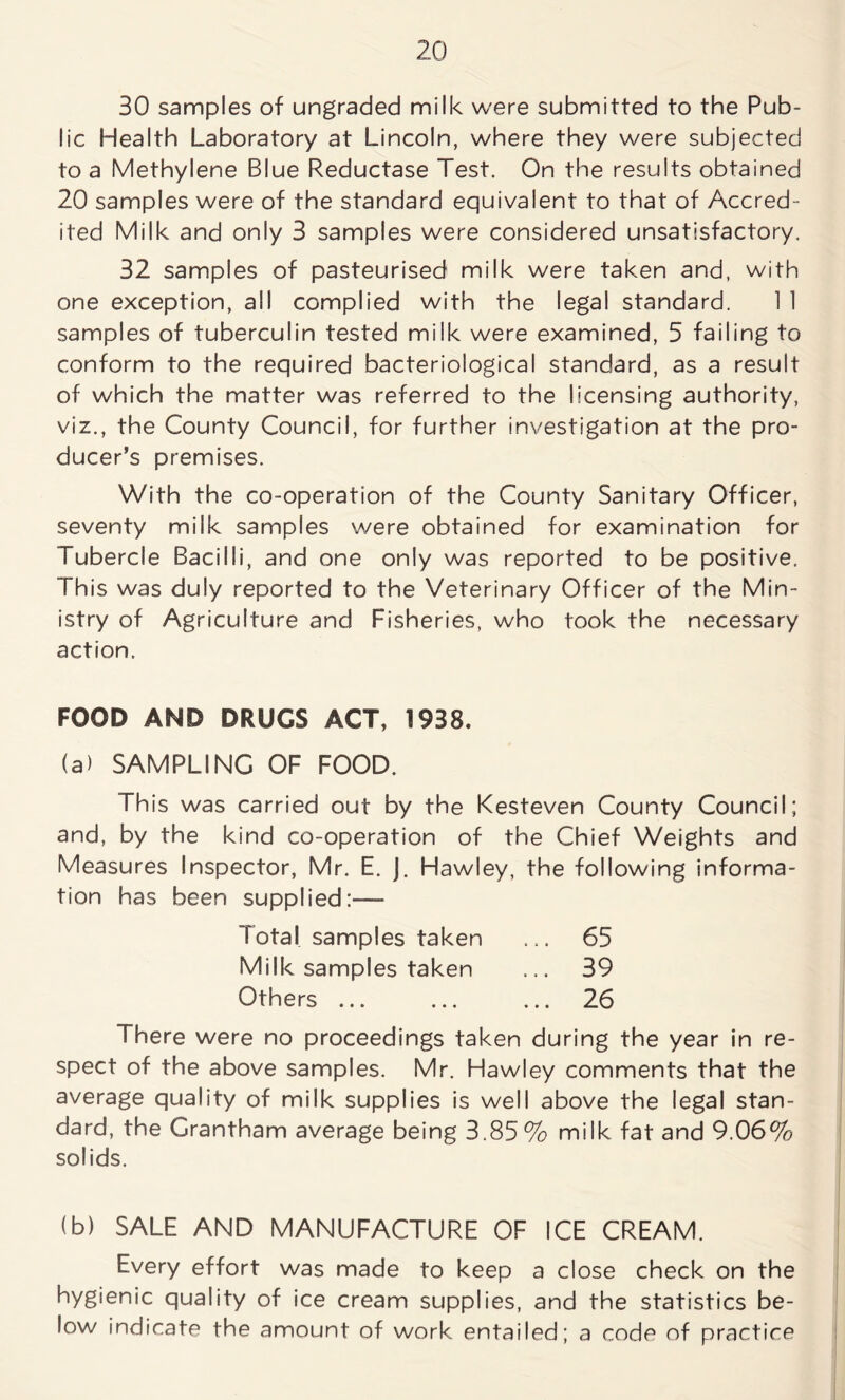30 samples of ungraded milk were submitted to the Pub- lic Health Laboratory at Lincoln, where they were subjected to a Methylene Blue Reductase Test. On the results obtained 20 samples were of the standard equivalent to that of Accred- ited Milk and only 3 samples were considered unsatisfactory. 32 samples of pasteurised milk were taken and, with one exception, all complied with the legal standard. 1 1 samples of tuberculin tested milk were examined, 5 failing to conform to the required bacteriological standard, as a result of which the matter was referred to the licensing authority, viz., the County Council, for further investigation at the pro- ducer’s premises. With the co-operation of the County Sanitary Officer, seventy milk samples were obtained for examination for Tubercle Bacilli, and one only was reported to be positive. This was duly reported to the Veterinary Officer of the Min- istry of Agriculture and Fisheries, who took the necessary action, FOOD AND DRUGS ACT, 1938. (a) SAMPLING OF FOOD. This was carried out by the Kesteven County Council; and, by the kind co-operation of the Chief Weights and Measures Inspector, Mr. E. J. Hawley, the following informa- tion has been supplied:— Total samples taken ... 65 Milk samples taken ... 39 Others ... ... ... 26 There were no proceedings taken during the year in re- spect of the above samples. Mr. Hawley comments that the average quality of milk supplies is well above the legal stan- dard, the Grantham average being 3.85% milk fat and 9.06% solids. (b) SALE AND MANUFACTURE OF ICE CREAM. Every effort was made to keep a close check on the hygienic quality of ice cream supplies, and the statistics be- low indicate the amount of work entailed; a code of practice